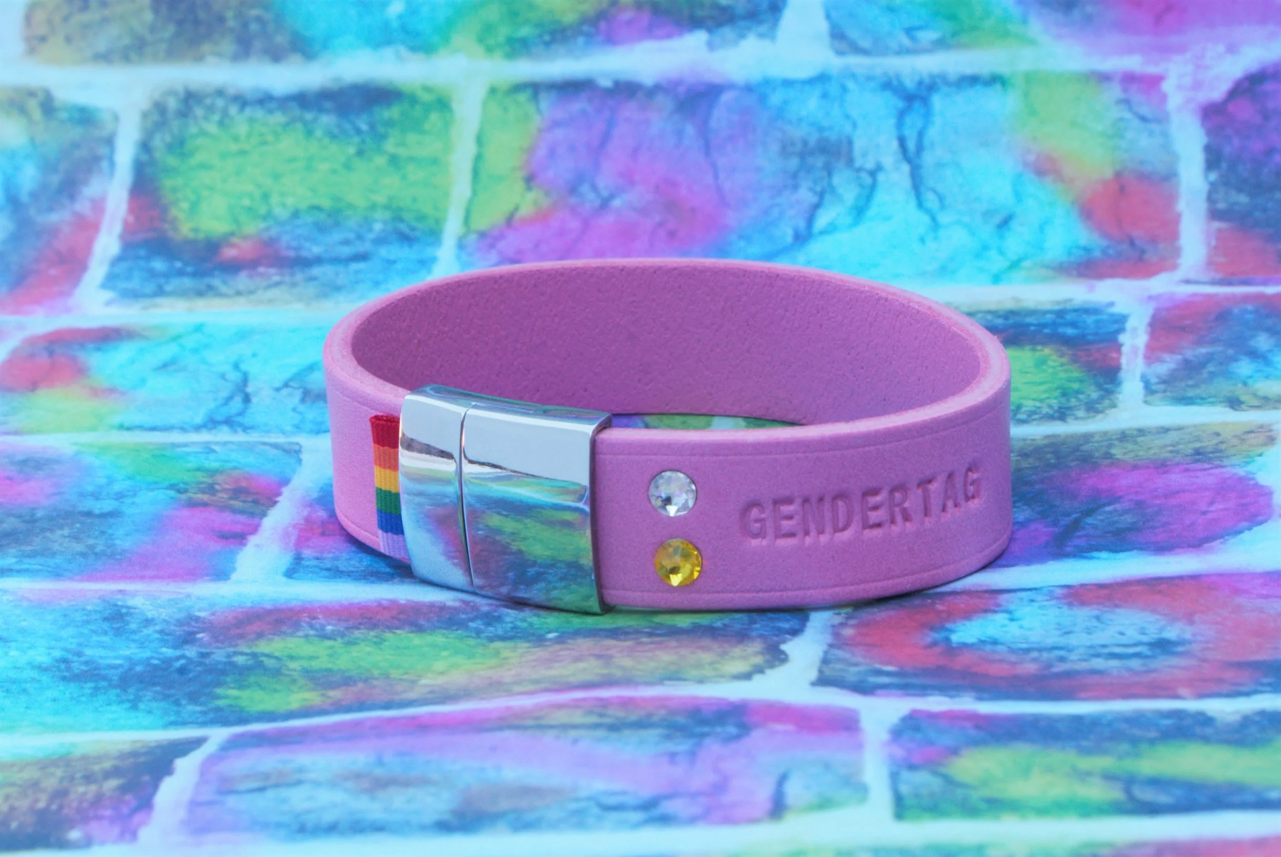 GENDERTAG Pink Leather Pride Bisexual in a Relationship Bracelet LGBTQ+ Jewellery