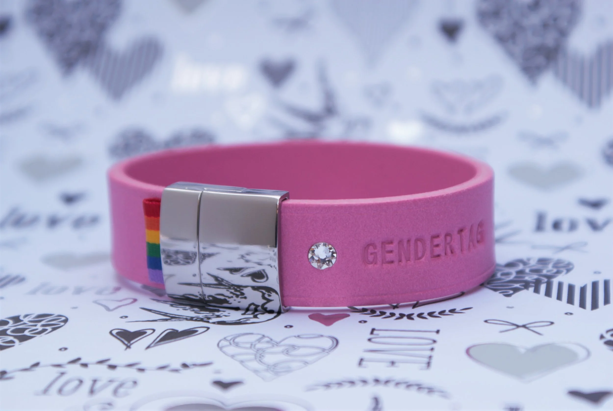 GENDERTAG Pink Leather Pride Clear Crystal in a Relationship Bracelet LGBTQ+ Jewellery