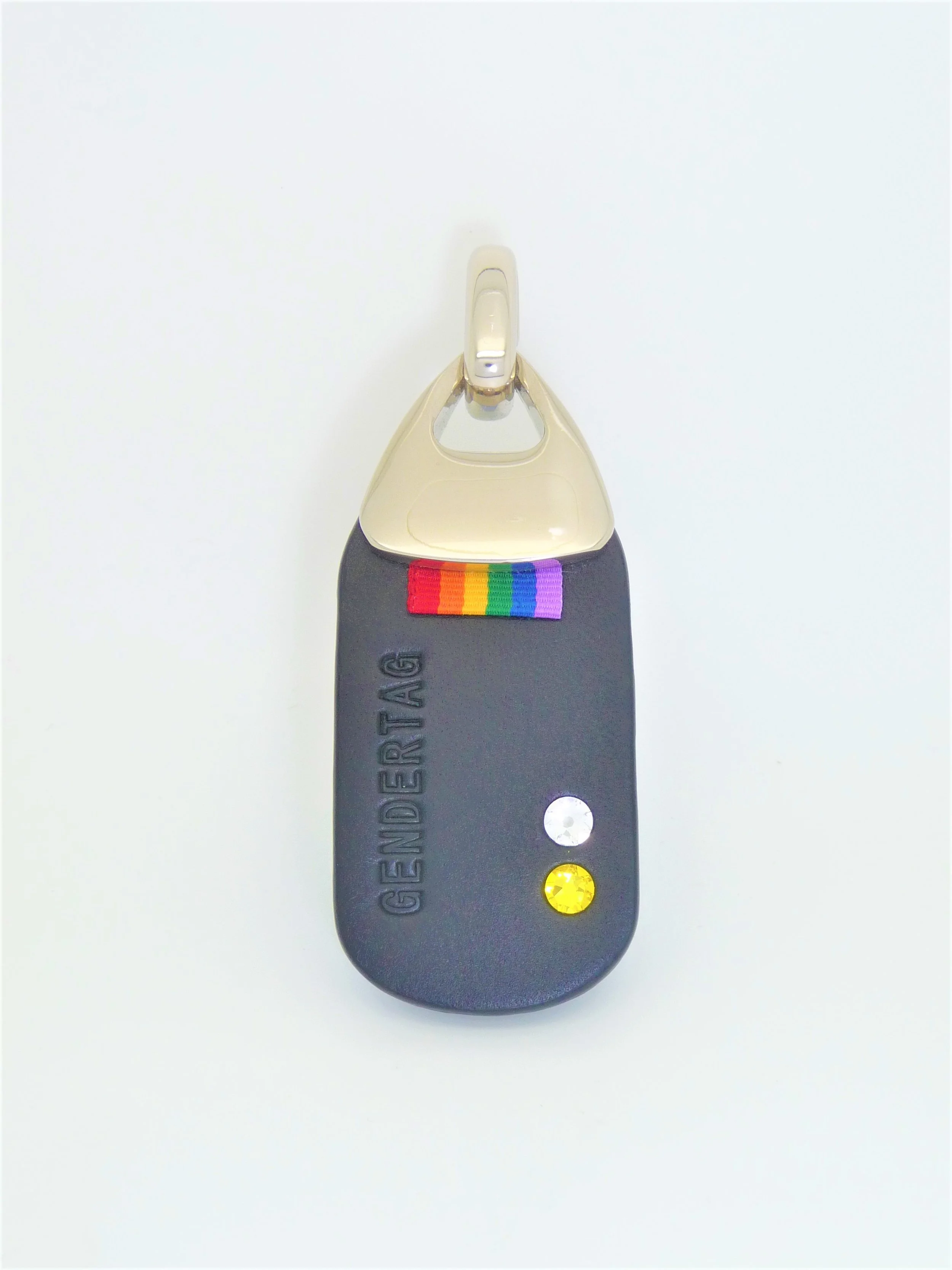GENDERTAG Black Leather Pride Bisexual (in a relationship) Yellow & Clear Crystal Tag LGBTQ+