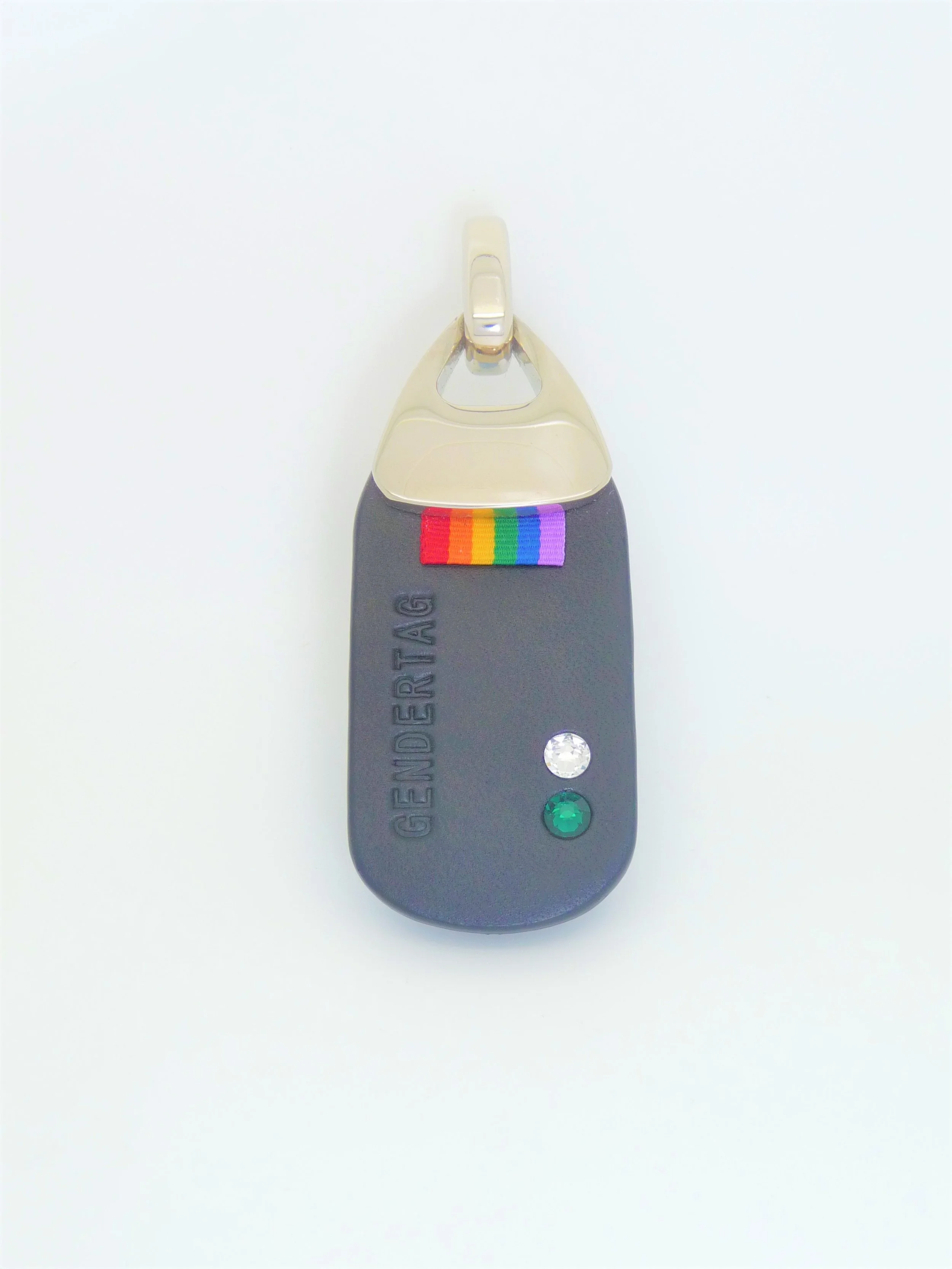 GENDERTAG Black Leather Pride Transgender (in a relationship) Green & Clear Crystal Tag LGBTQ+