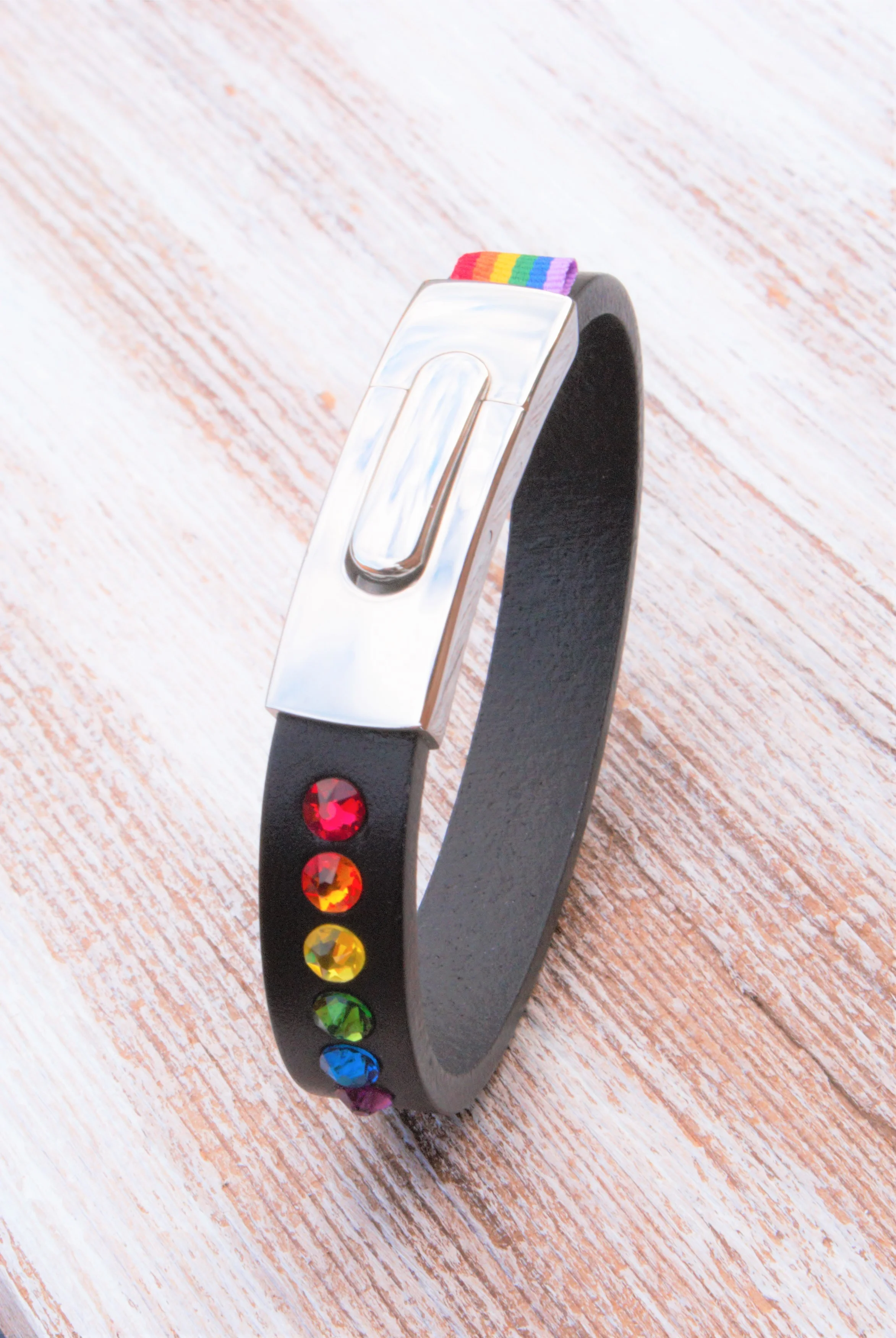 GENDERTAG Slim Leather Pride 6 Coloured Crystal Bracelet LGBTQ+ Jewellery