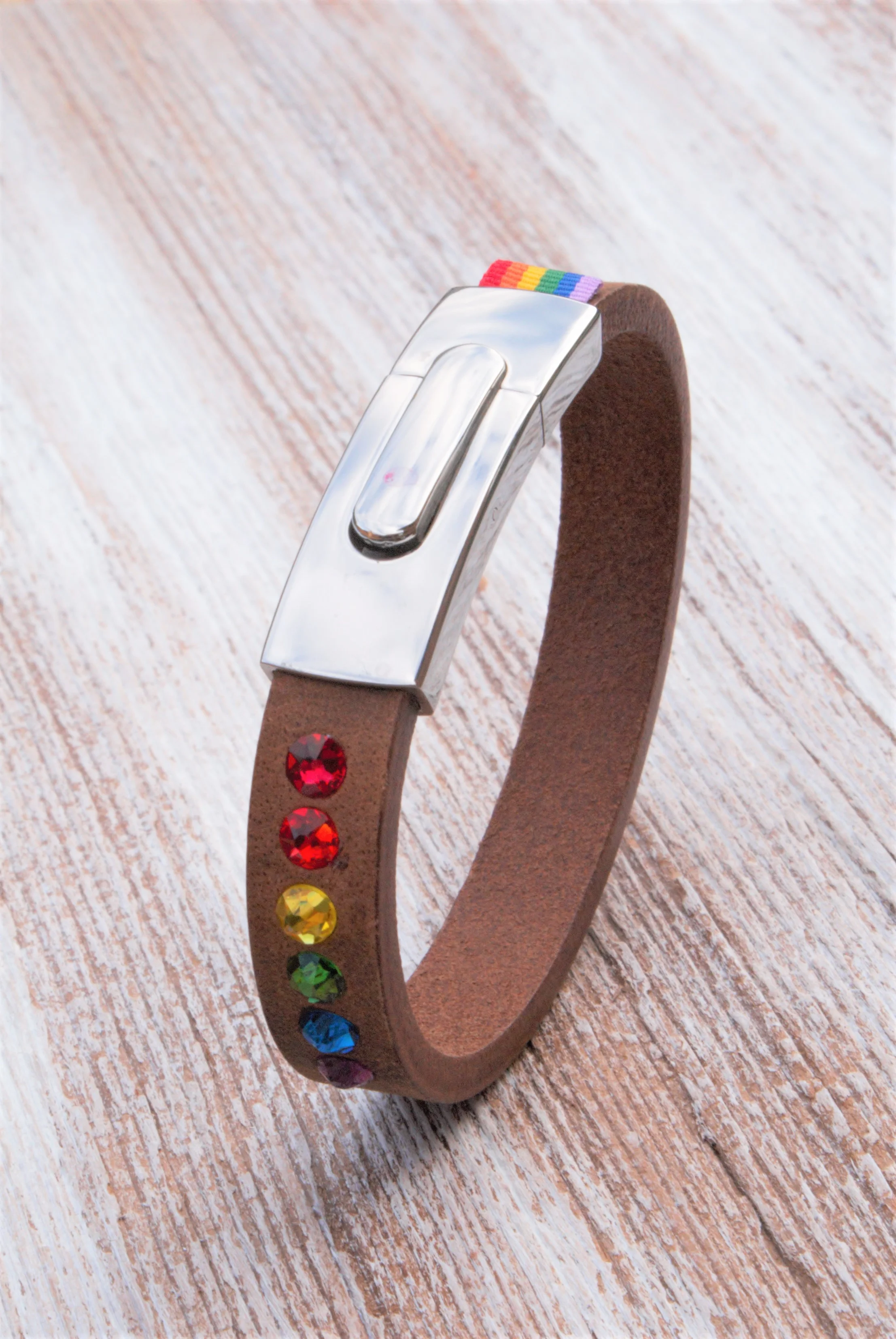 GENDERTAG Slim Leather Pride 6 Coloured Crystal Bracelet LGBTQ+ Jewellery