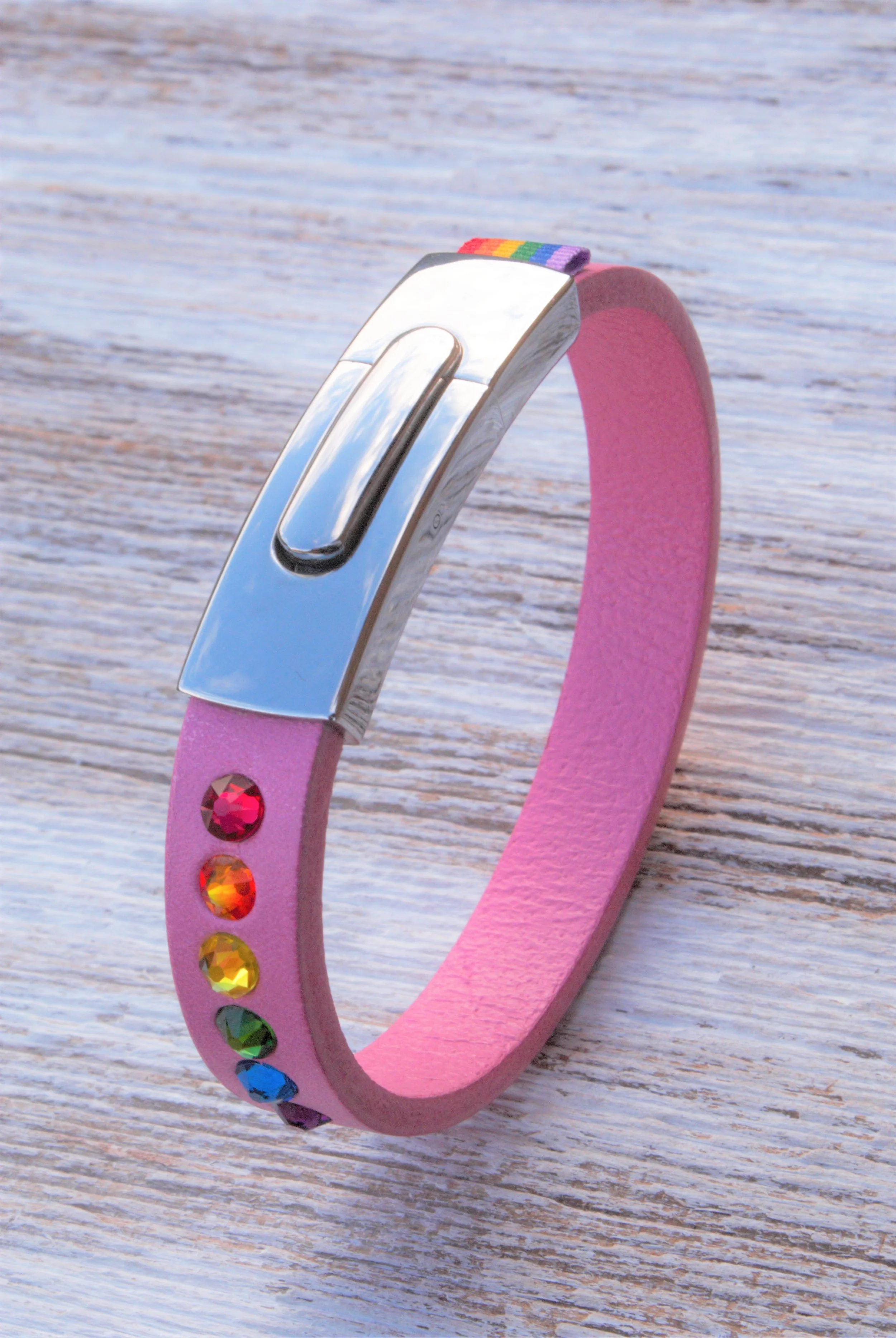 GENDERTAG Slim Leather Pride 6 Coloured Crystal Bracelet LGBTQ+ Jewellery