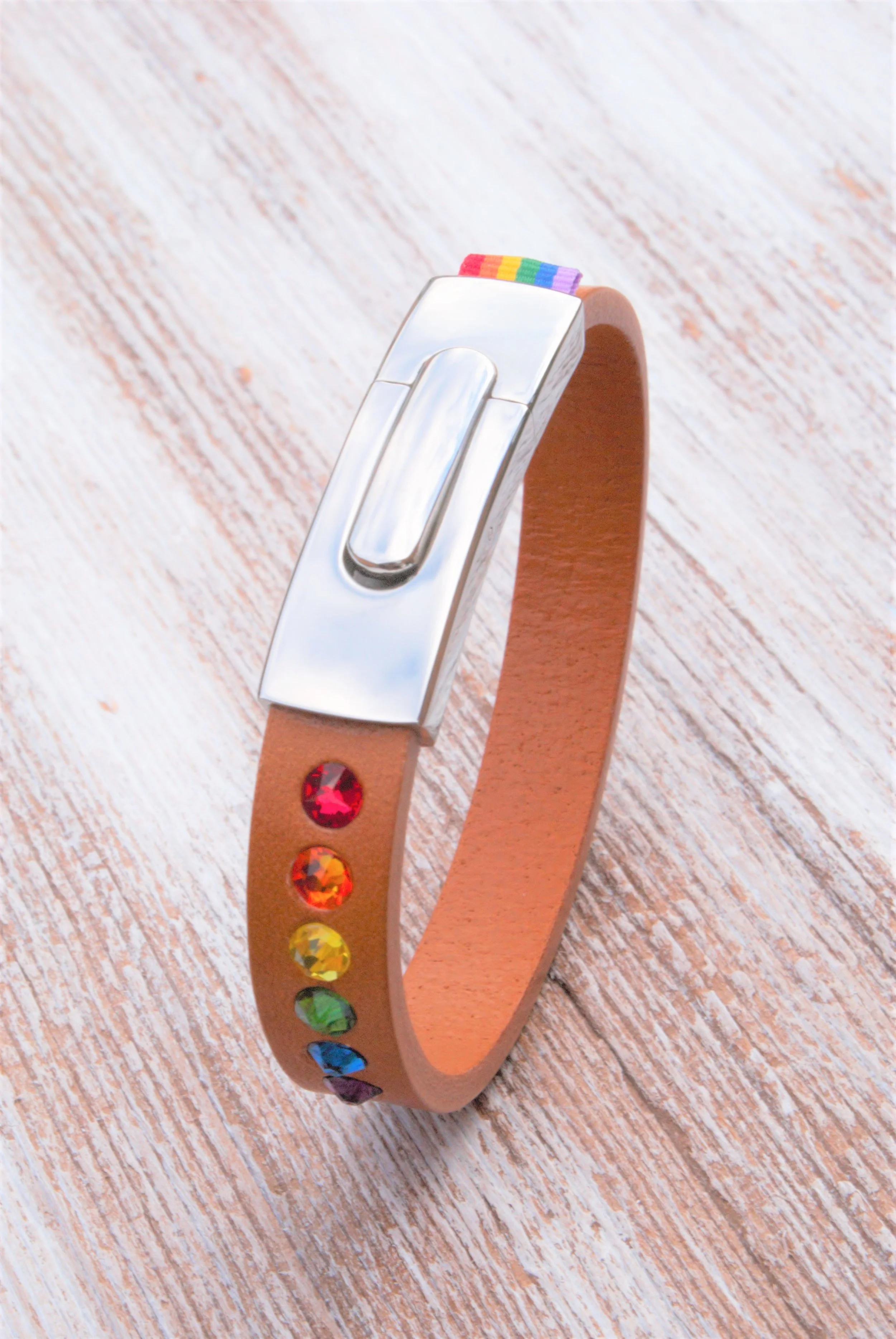 GENDERTAG Slim Leather Pride 6 Coloured Crystal Bracelet LGBTQ+ Jewellery