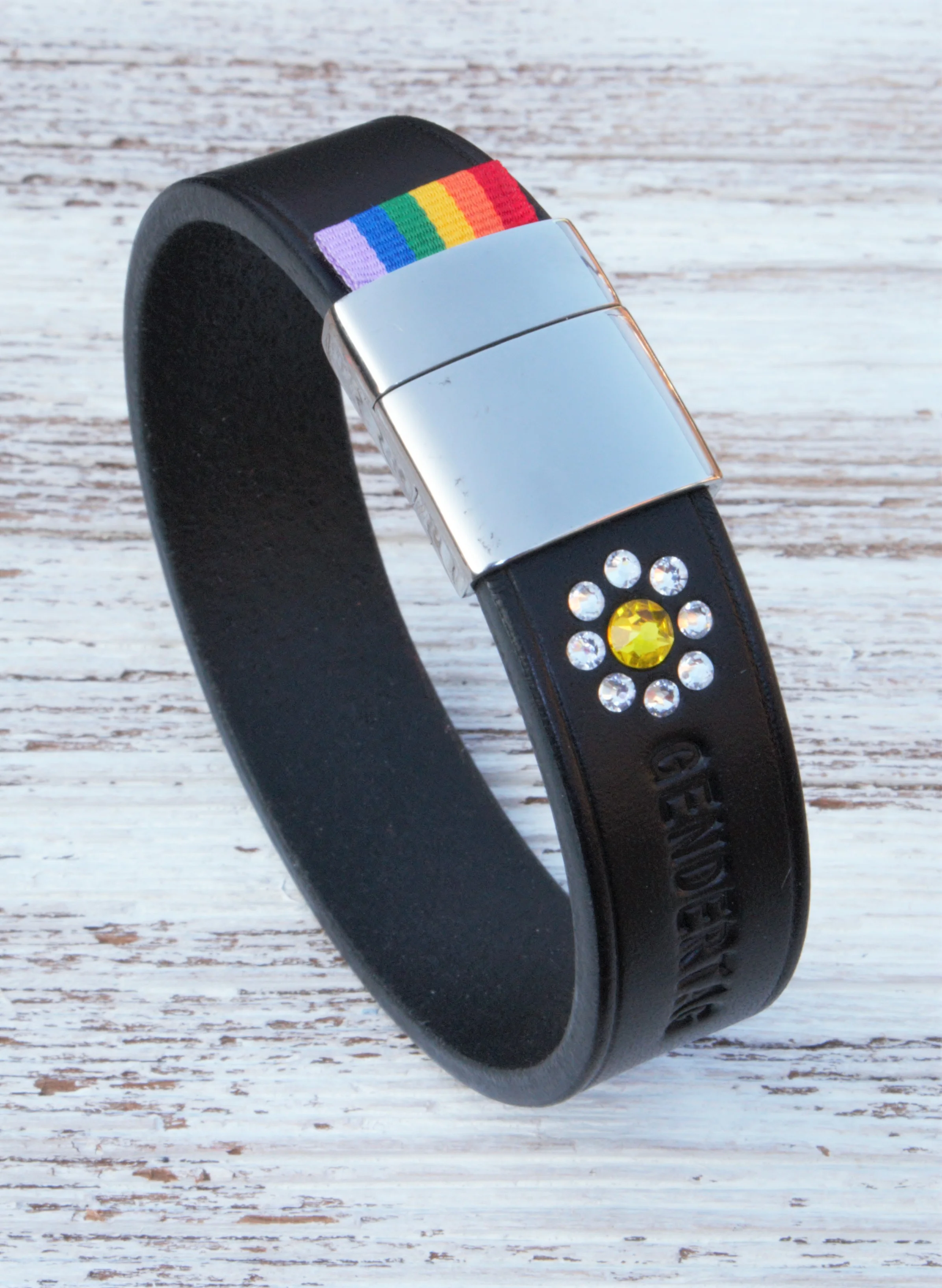 GENDERTAG Black Leather Pride Bisexual in a Relationship Daisy Bracelet LGBTQ+ Jewellery - handmade in the UK