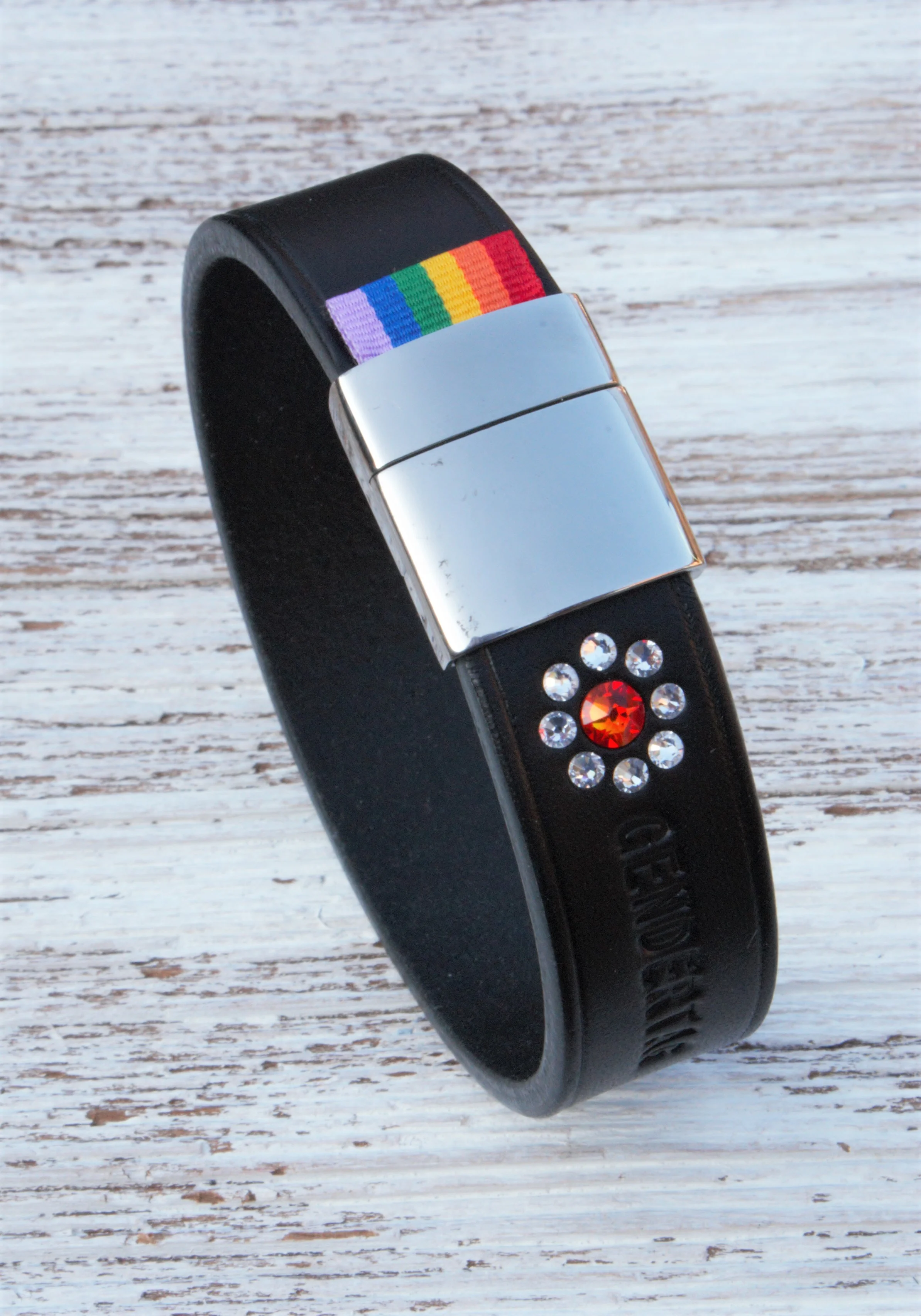 GENDERTAG Black Leather Pride Gay in a Relationship Daisy Bracelet LGBTQ+ Jewellery - handmade in the UK
