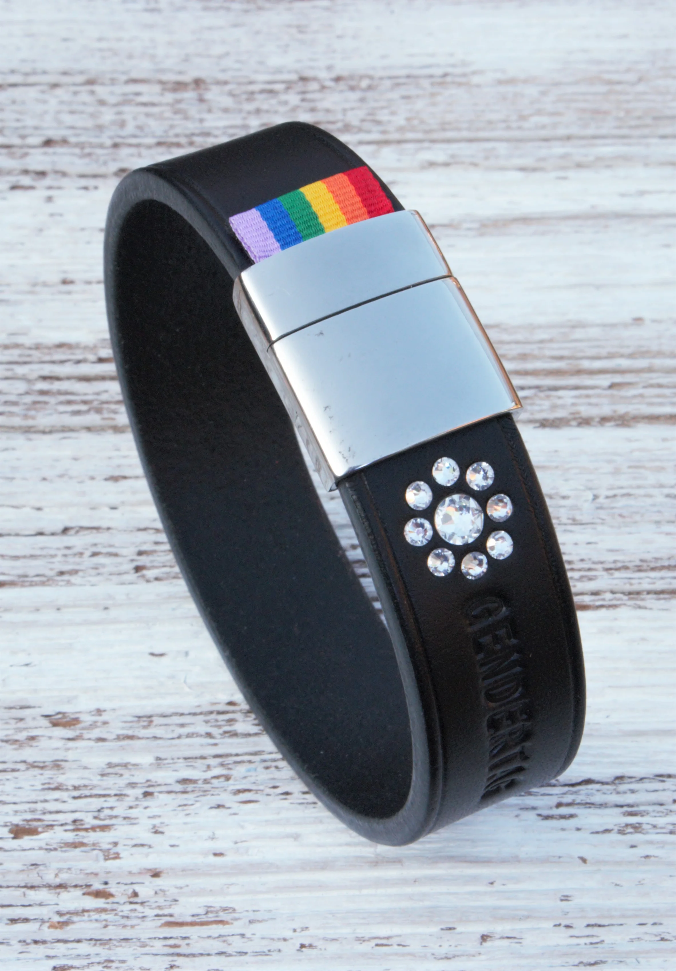 GENDERTAG Black Leather Pride in a Relationship Daisy Bracelet LGBTQ+ Jewellery - handmade in the UK