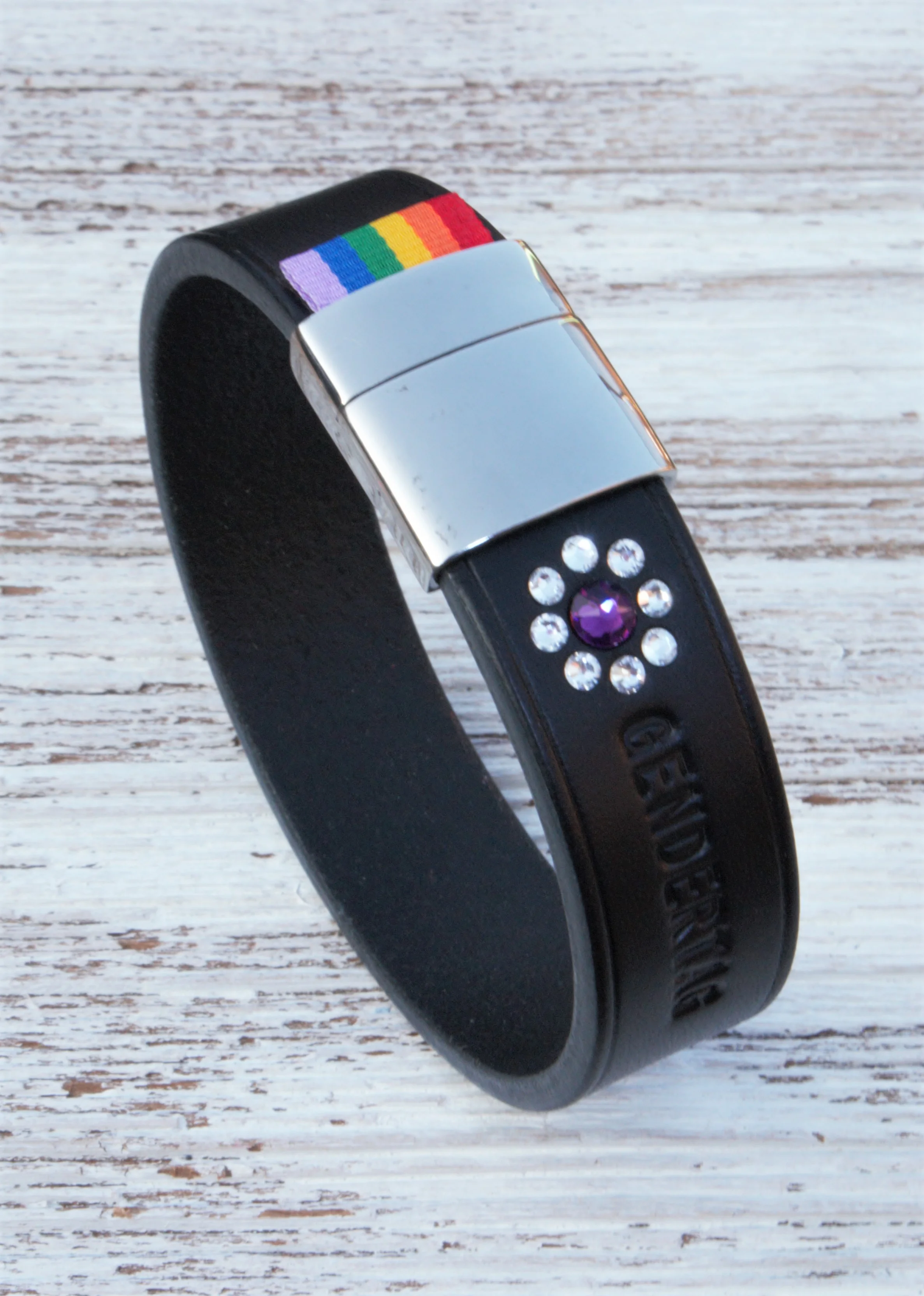 GENDERTAG Black Leather Pride Plus in a Relationship Daisy Bracelet LGBTQ+ Jewellery - handmade in the UK