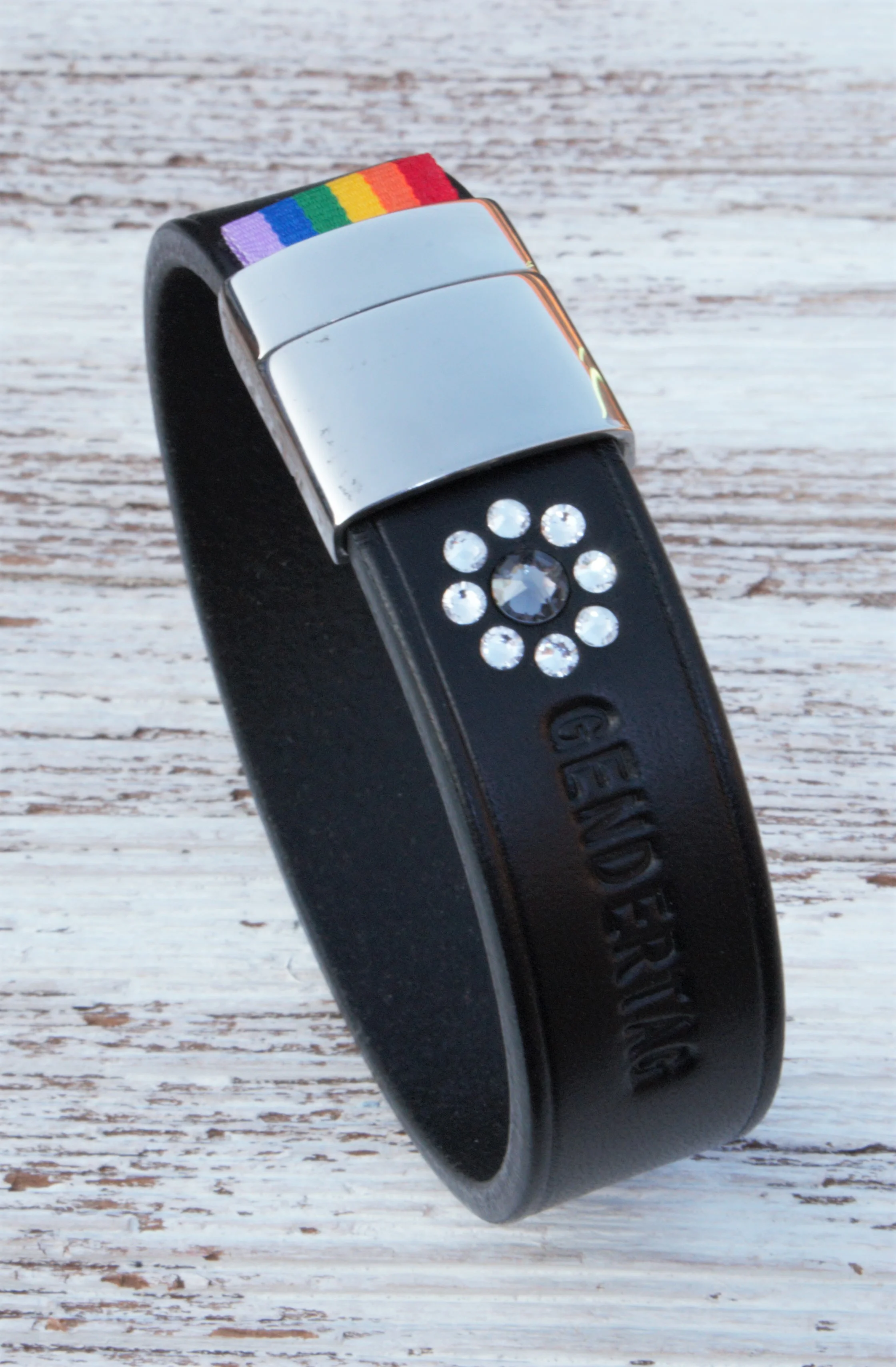 GENDERTAG Black Leather Pride Straight in a Relationship Daisy Bracelet LGBTQ+ Jewellery - handmade in the UK