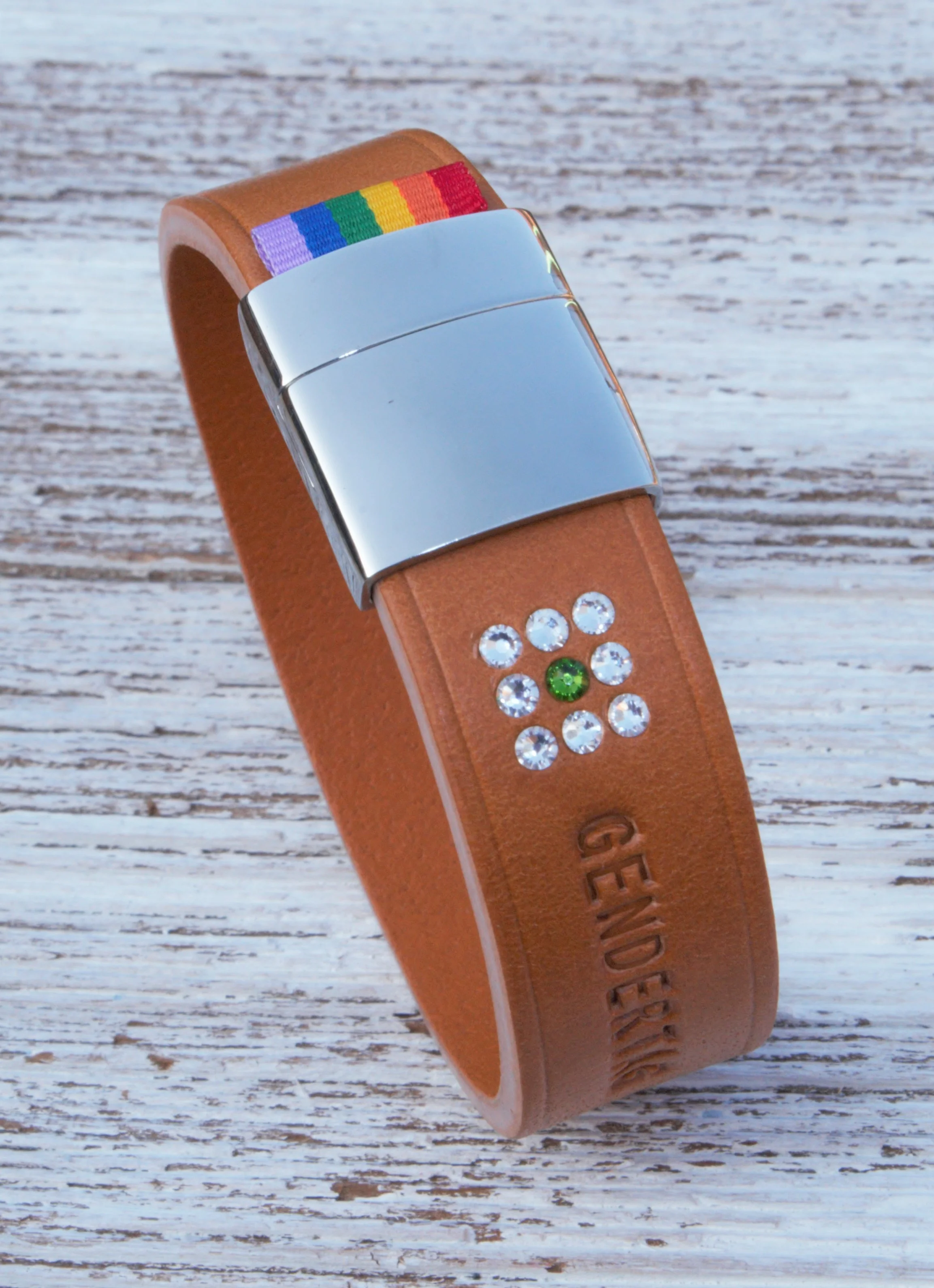 GENDERTAG Tan Leather Pride Transgender in a Relationship Matrix Bracelet LGBTQ+ Jewellery - handmade in the UK