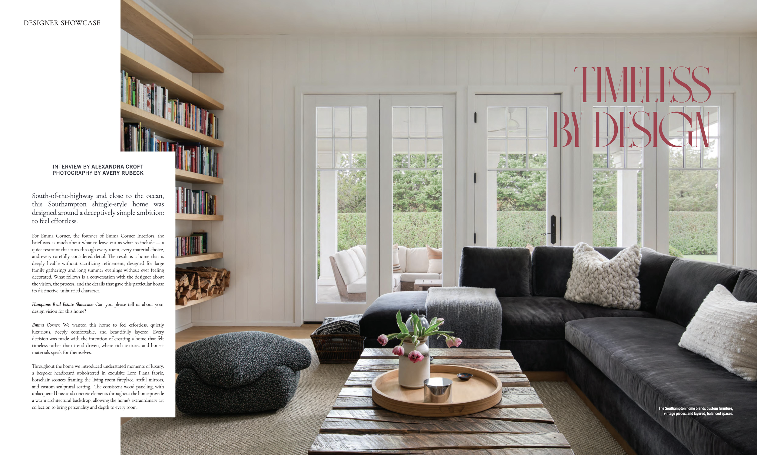 Hamptons Real Estate Showcase Magazine tearsheet, August 2026, featuring a Southampton NY home by Emma Corner Interiors, photography by Avery Nicole Photography