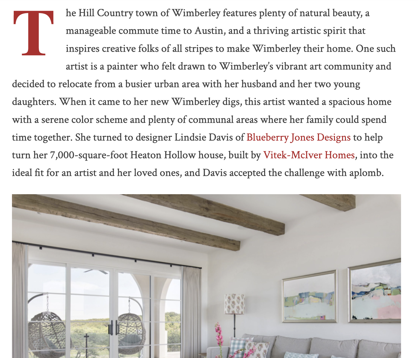 Tribeza Magazine 2024 tearsheet featuring home by Blueberry jones Design, Dripping Springs, Texas, photography by Avery Nicole Photography