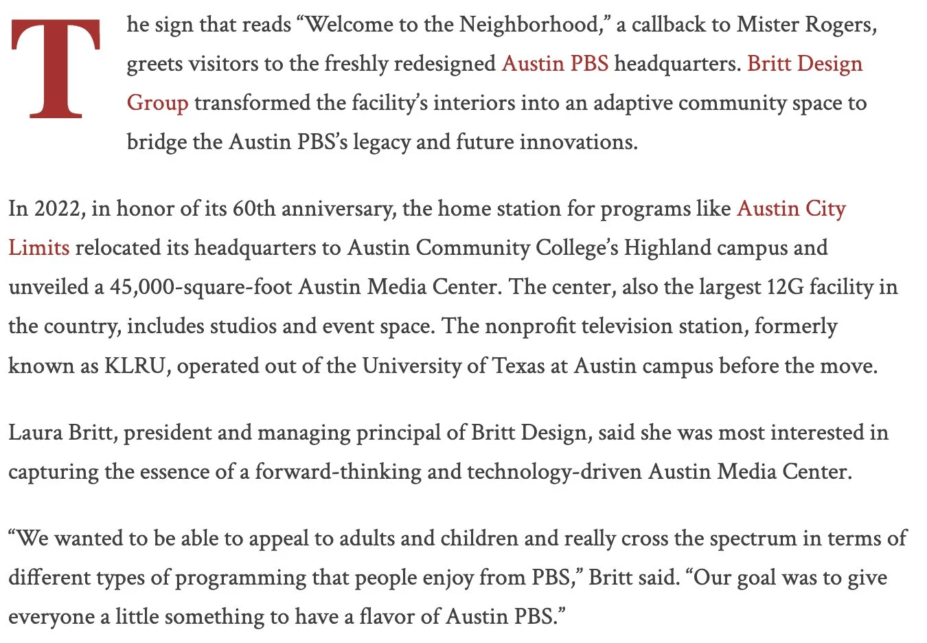 Tribeza Magazine 2025 tearsheet featuring Austin PBS & ACl Live headquarters by Britt Design Group, photography by Avery Nicole Photography