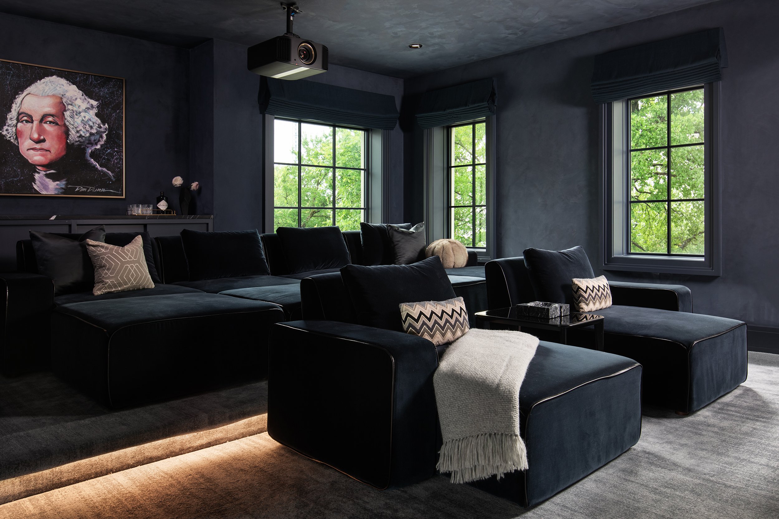 Highland Park home media room interior design by Emma Corner Interiors, residential photography by Avery Nicole Photography and located in Highland Park in Dallas, Texas