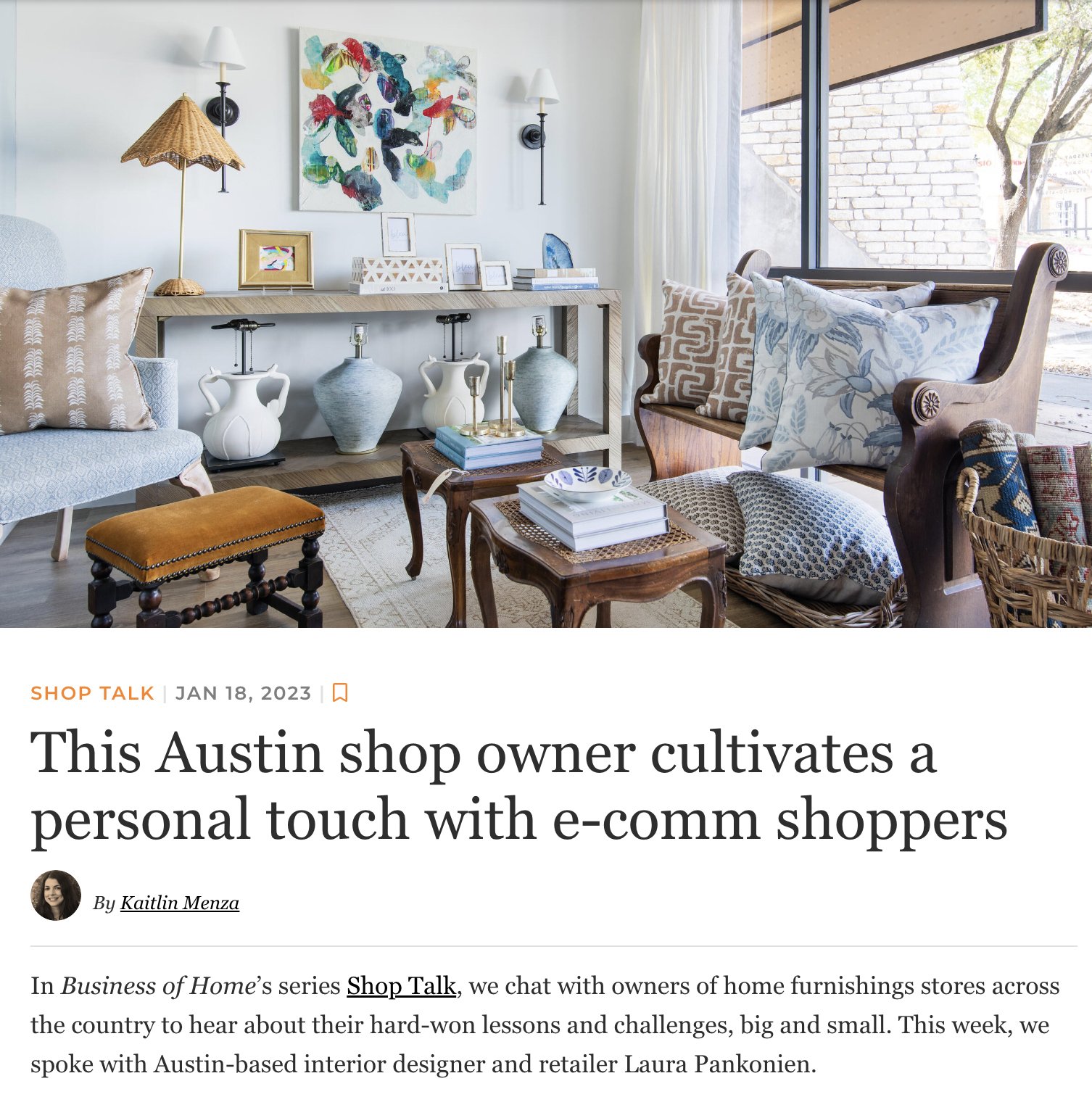 Business Of Home Magazine tearsheet featuring Bleu by TPG by The Pankonien Group, Austin, Texas, photography by Avery Nicole Photography