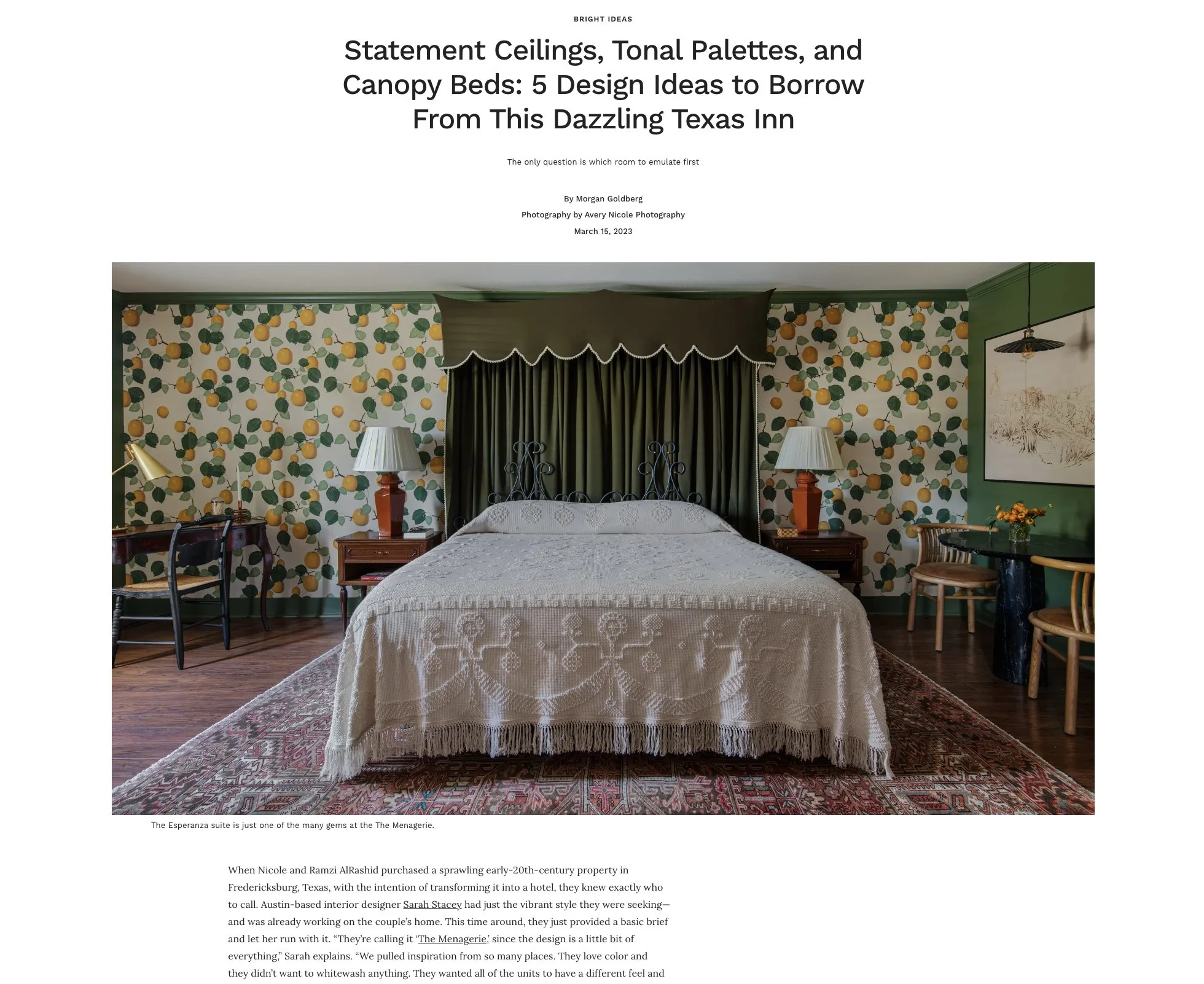Architectural Digest Magazine tearsheet featuring The Menagerie by Sarah Stacey Interior Design, Fredericksburg, Texas, photography by Avery Nicole Photography