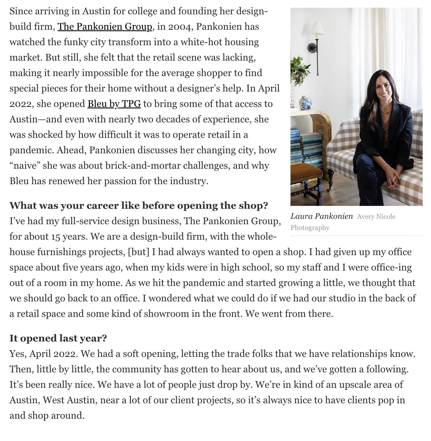 Business Of Home Magazine tearsheet featuring Bleu by TPG by The Pankonien Group, Austin, Texas, photography by Avery Nicole Photography