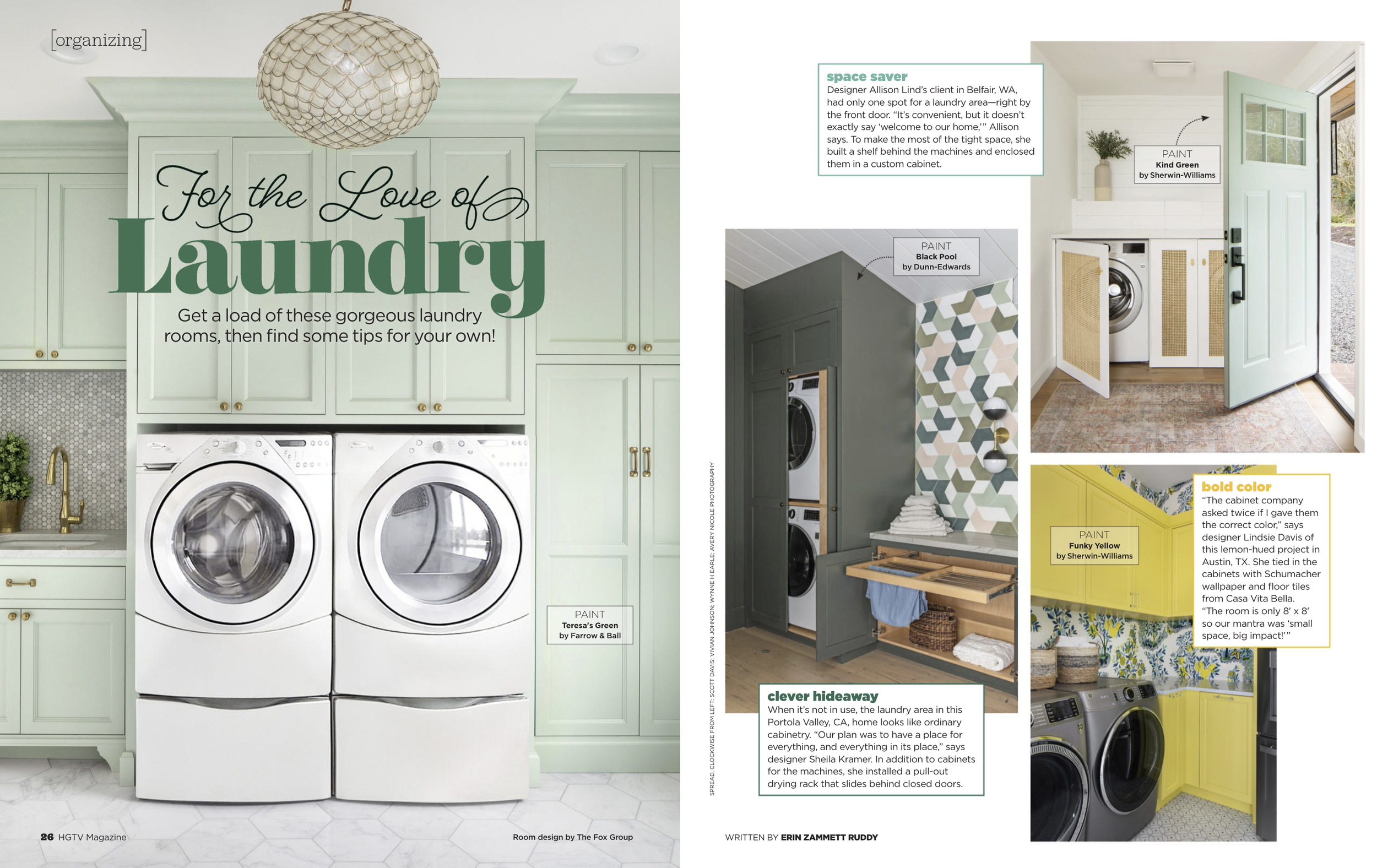 HGTV Magazine 2024 tearsheet featuring laundry room by Blueberry jones Design, Dripping Springs, Texas, photography by Avery Nicole Photography