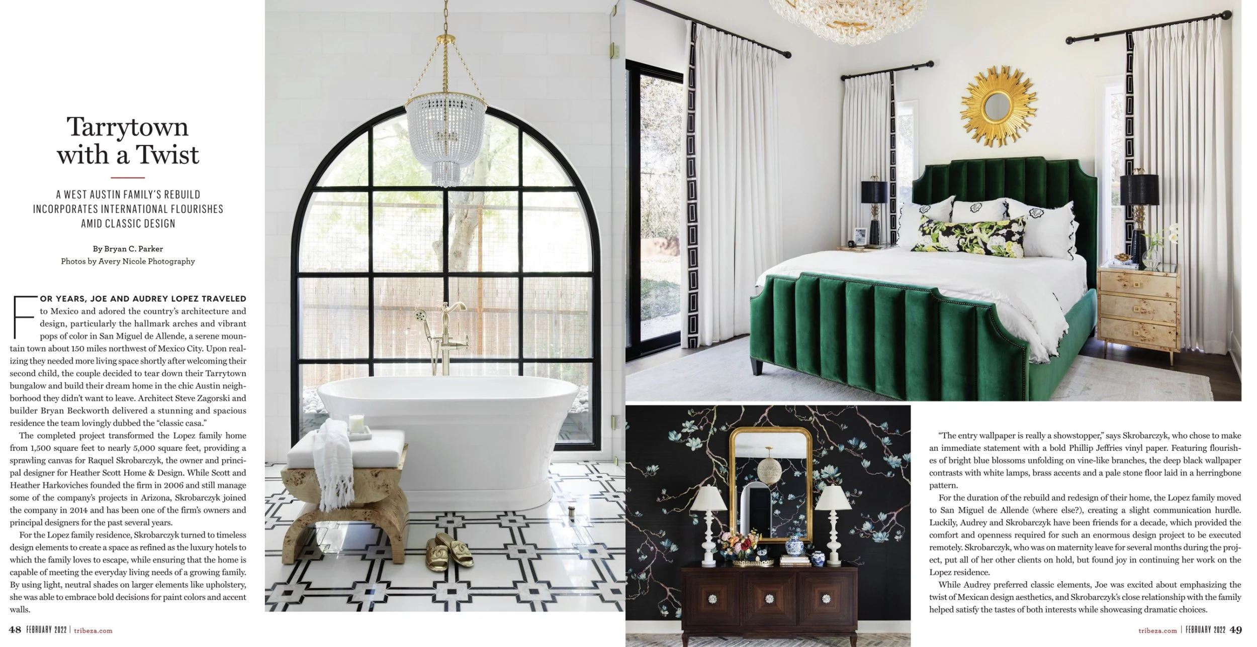 Tribeza Interiors Magazine tearsheet featuring Austin, Texas home by Heather Scott Home & Design, photography by Avery Nicole Photography