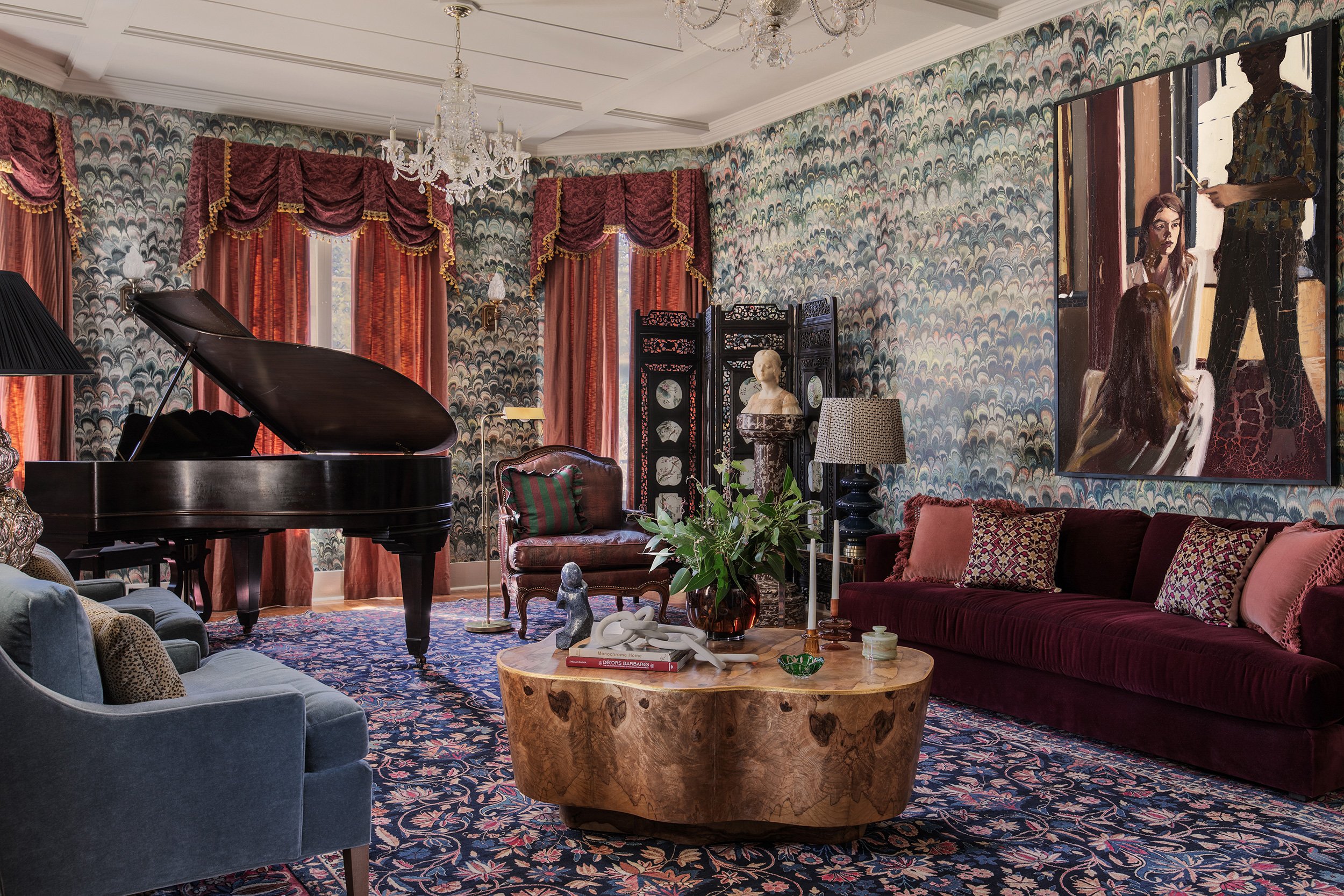 The Menagerie luxury boutique hotel the rapture mansion living room design by Sarah Stacey Interior Design. Photography by Avery Nicole Photography and located in Fredericksburg, Texas