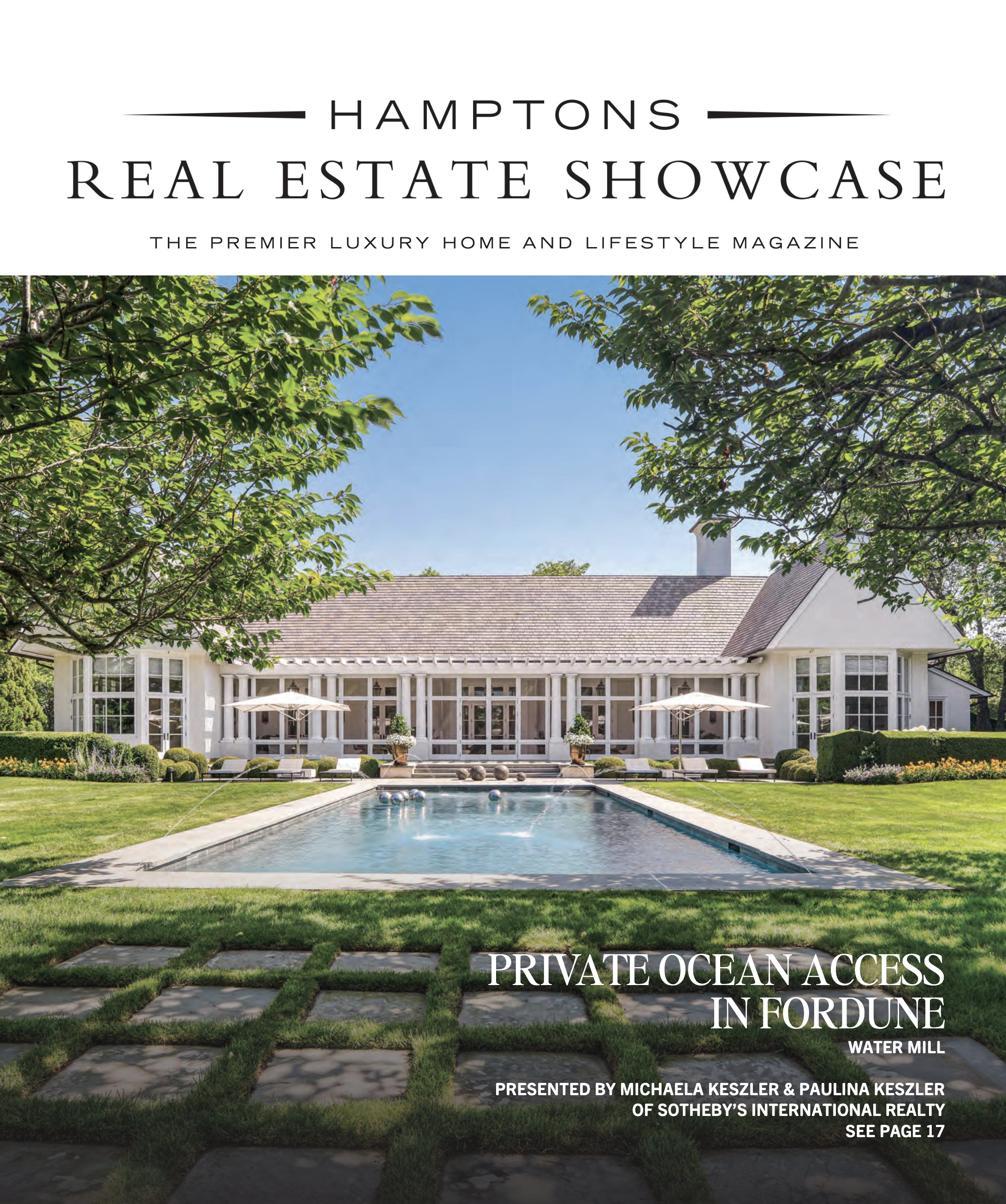 Hamptons Real Estate Showcase Magazine tearsheet, August 2026, featuring a Southampton NY home by Emma Corner Interiors, photography by Avery Nicole Photography