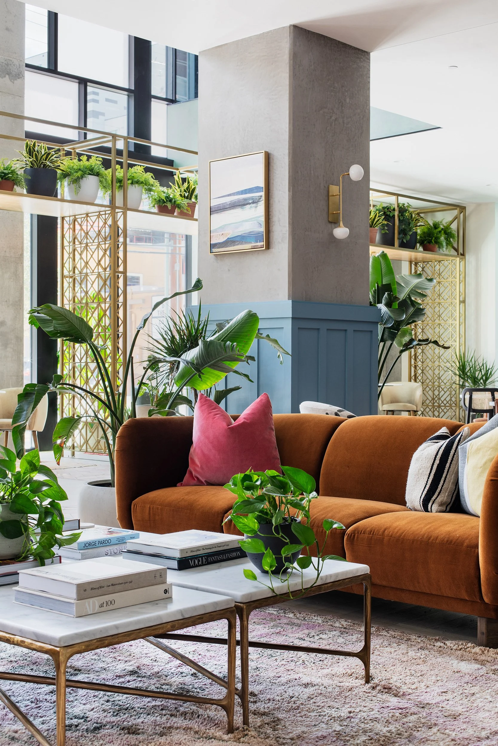 Main seating area from the Waterloo Student Housing designed by Chelsea Kloss with LV Collective, University of Texas at Austin, Austin Texas, photography by Avery Nicole Photography