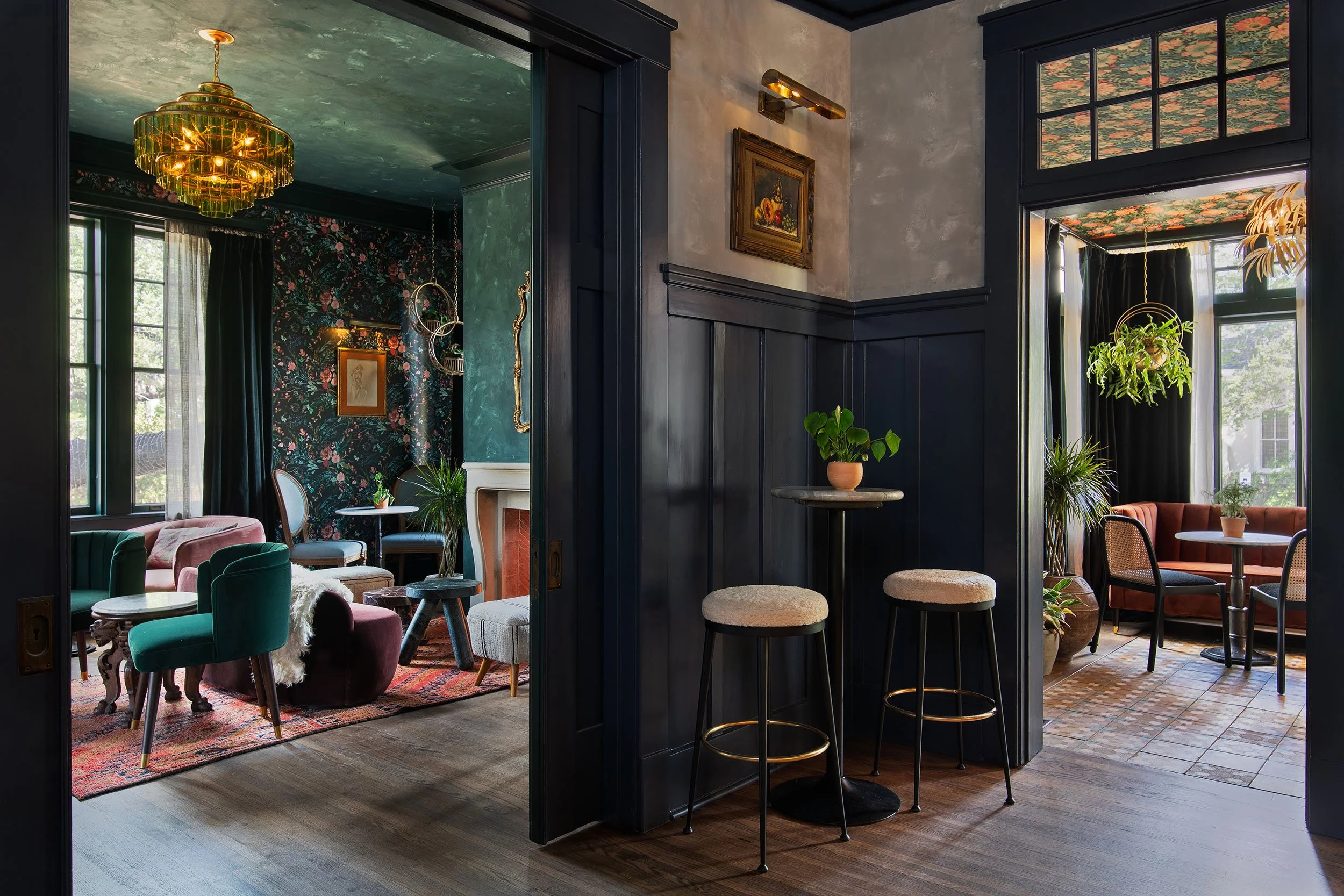 Bar and main sitting and dining areas from the West House project, designed by Chelsea Kloss with LV Collective, Austin Texas, photography by Avery Nicole Photography