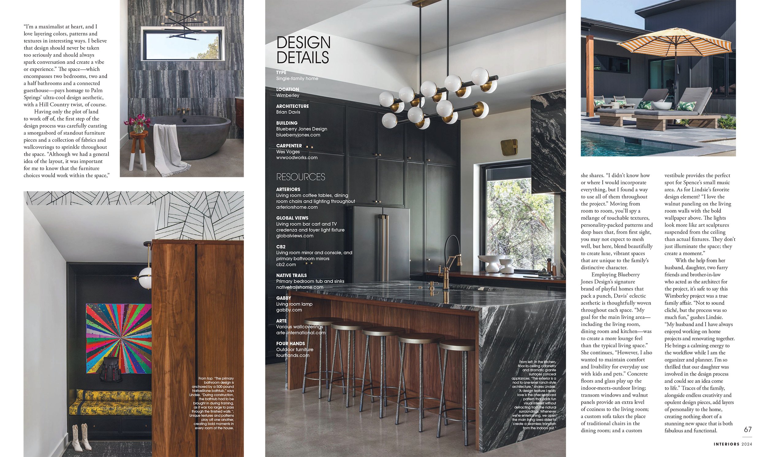 Modern Luxury Interiors Magazine 2024 tearsheet featuring home by Blueberry jones Design, Dripping Springs, Texas, photography by Avery Nicole Photography