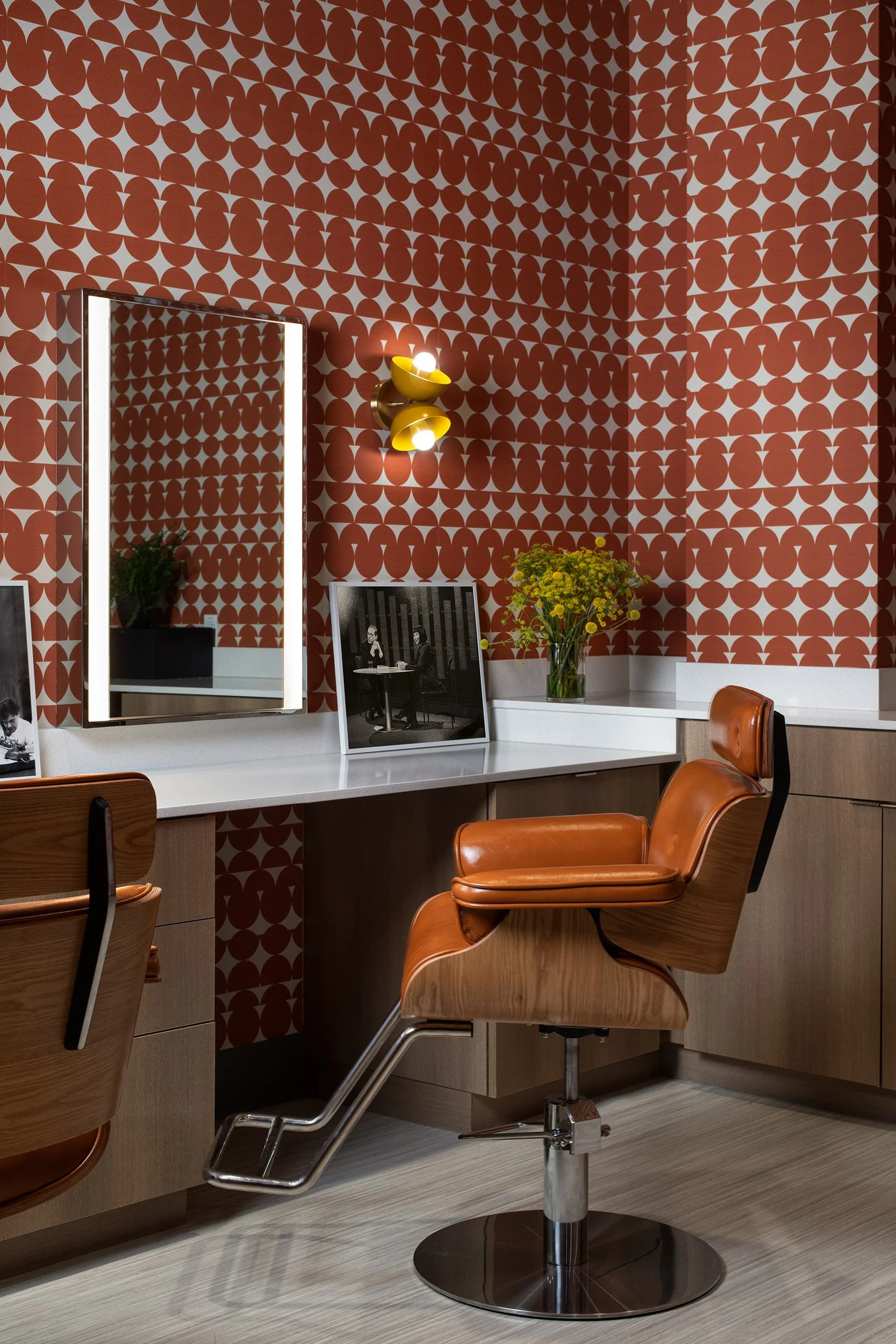 Austin PBS and ACL Live Headquarters red dressing room design by Britt Design Group, commercial interior design photography by Avery Nicole Photography and located in Austin, Texas
