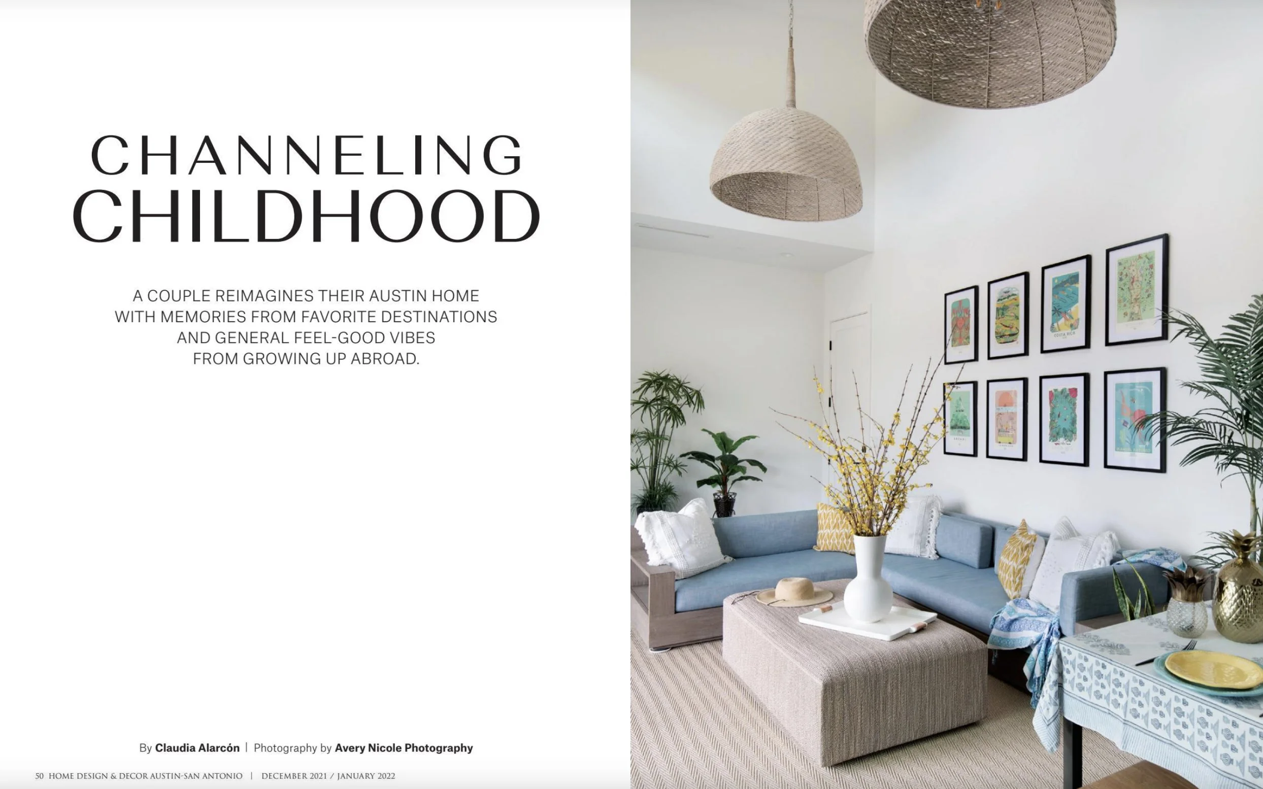 Home Design & Decor Magazine tearsheet featuring Austin Texas Home by Ariel Bleich Design, photography by Avery Nicole Photography