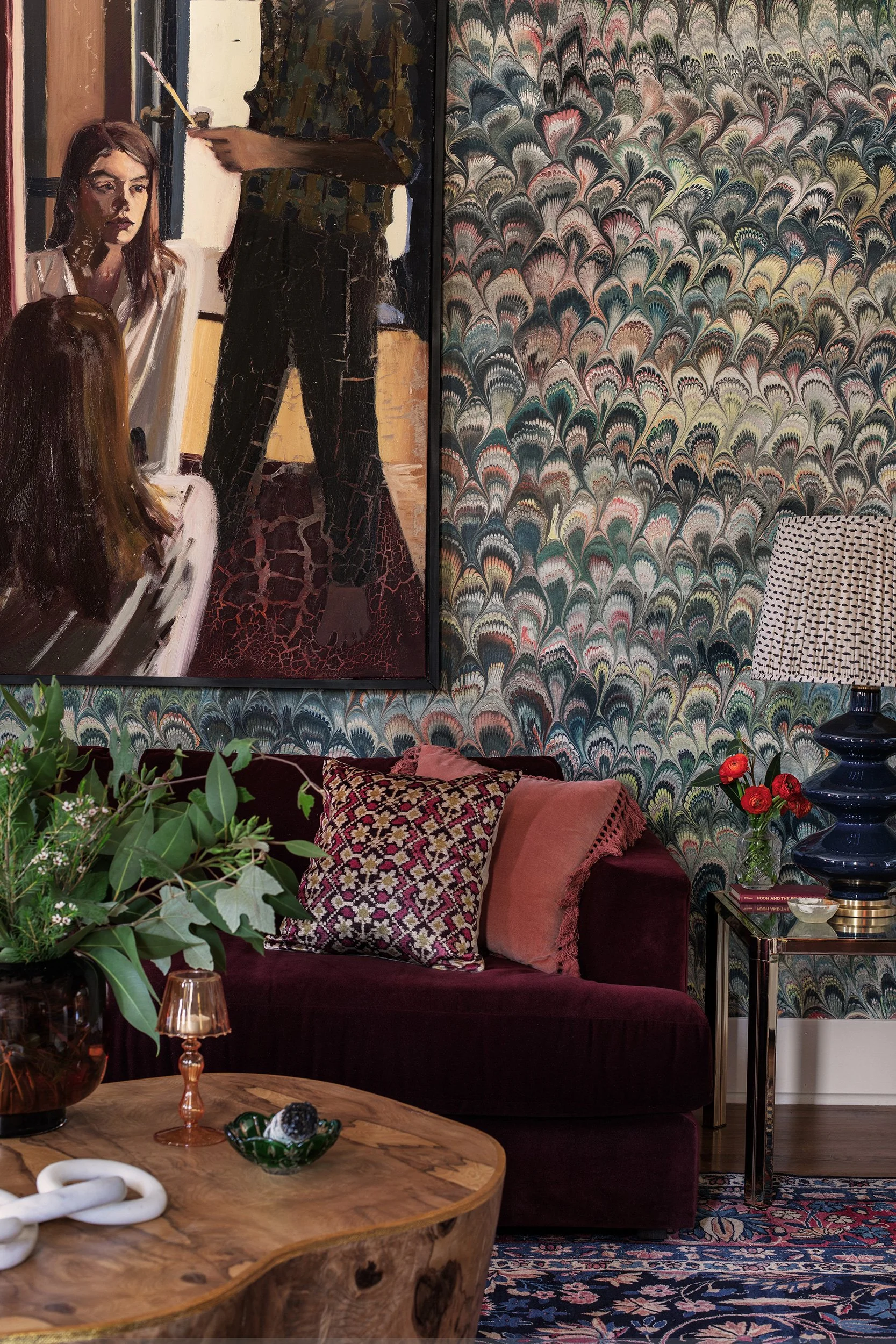 The Menagerie luxury boutique hotel the rapture mansion living room vignette design by Sarah Stacey Interior Design. Photography by Avery Nicole Photography and located in Fredericksburg, Texas