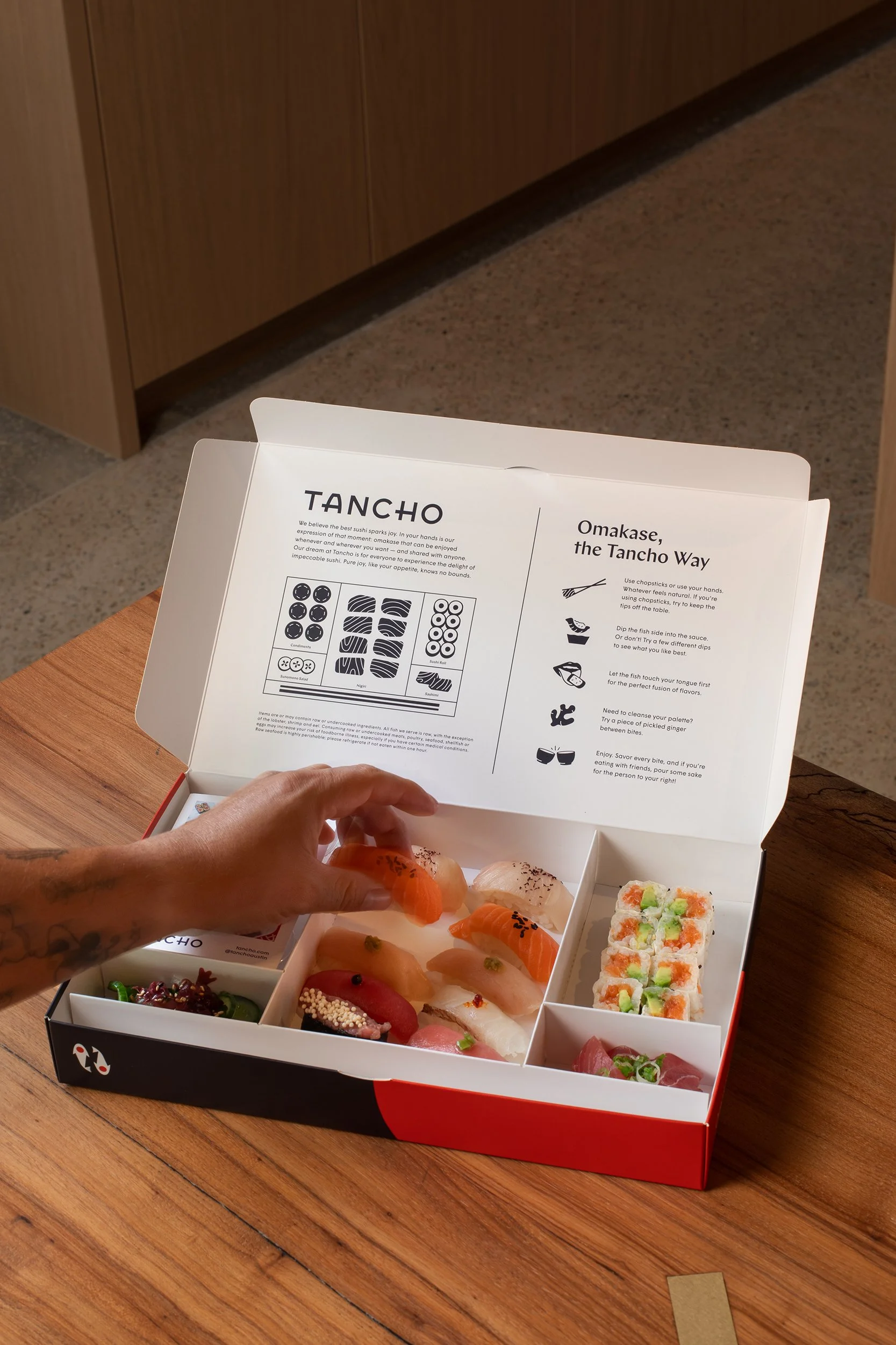 Tancho sushi box branding Helms Workshop, commercial hospitality photography by Avery Nicole Photography and located in Austin, Texas