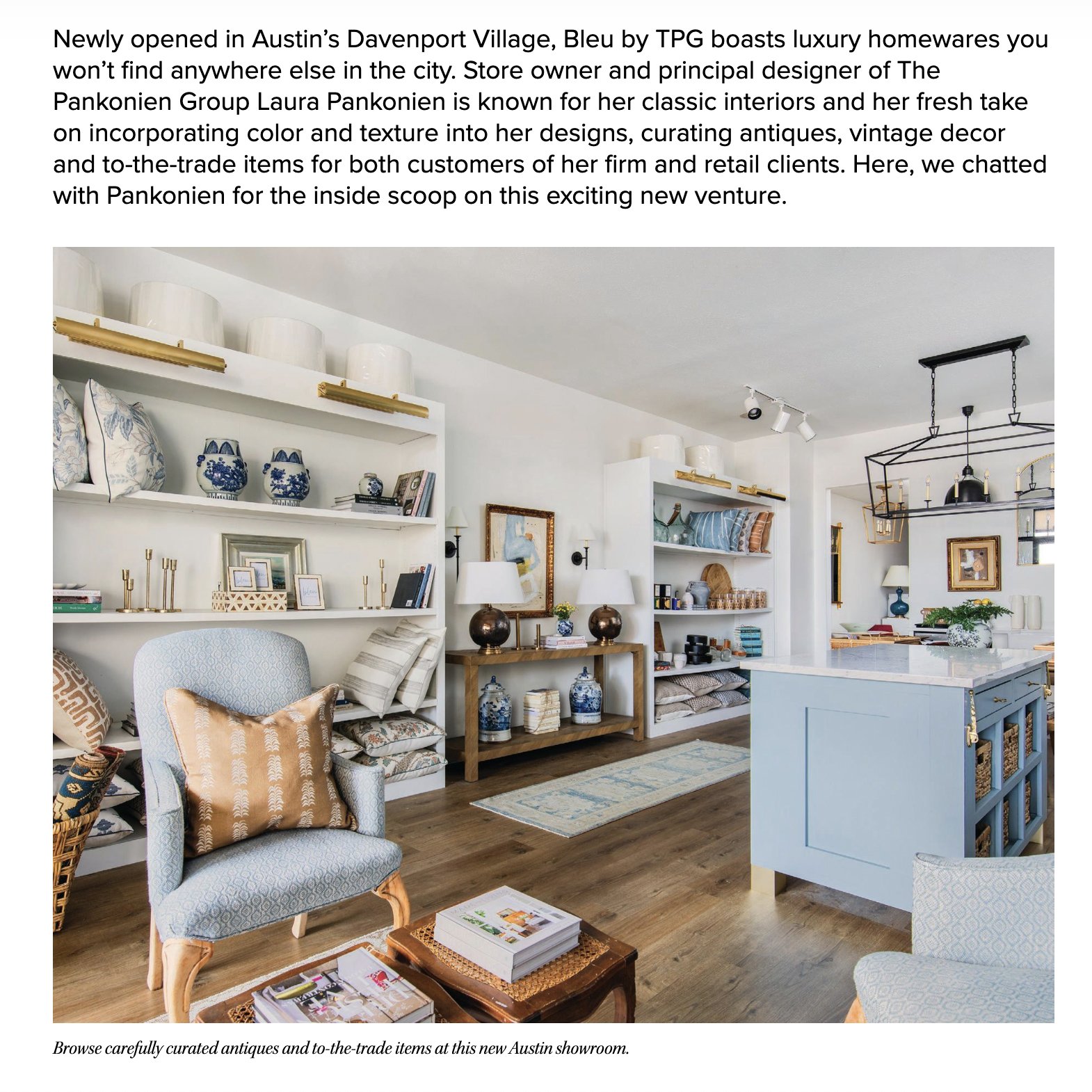 Modern Luxury Interiors Magazine tearsheet featuring boutique Bleu by TPG by The Pankonien Group, Austin, Texas, photography by Avery Nicole Photography