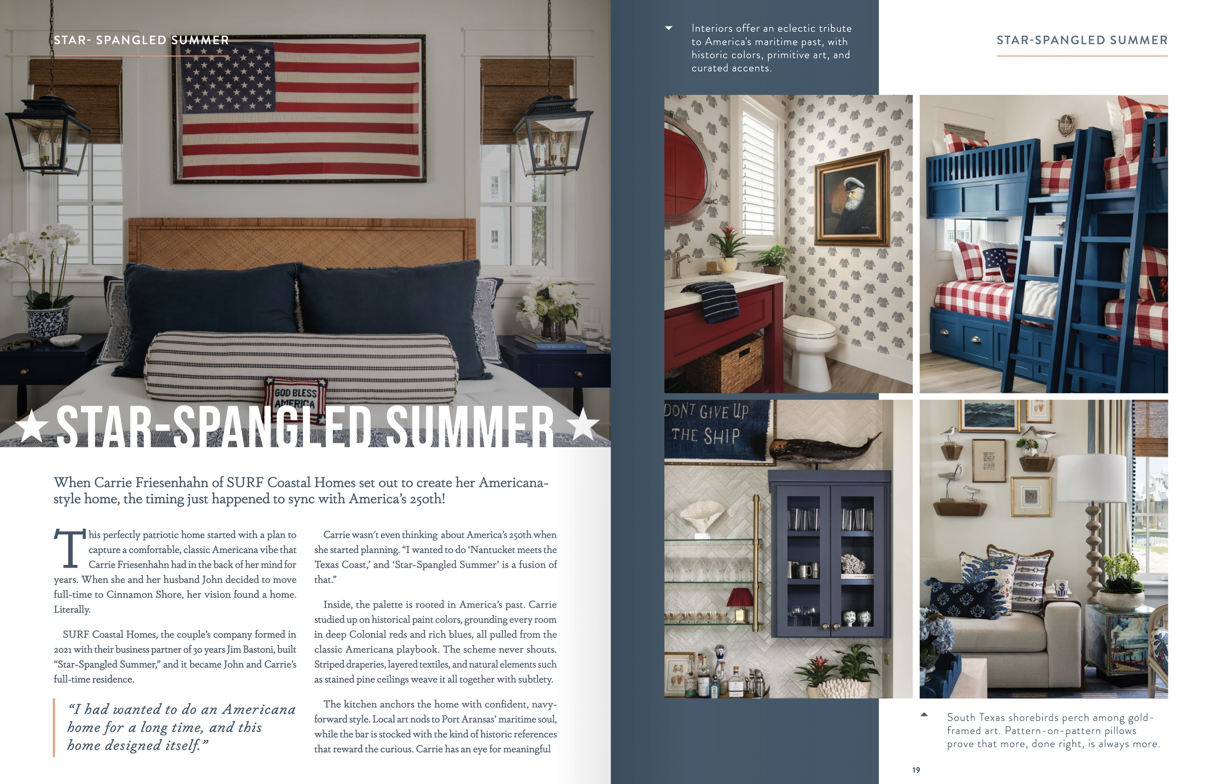 Cinnamon Shore tearsheet, Summer 2026, featuring Star Spangled Summer home by Surf Coastal Homes, Port Aransas, Texas, photography by Avery Nicole Photography