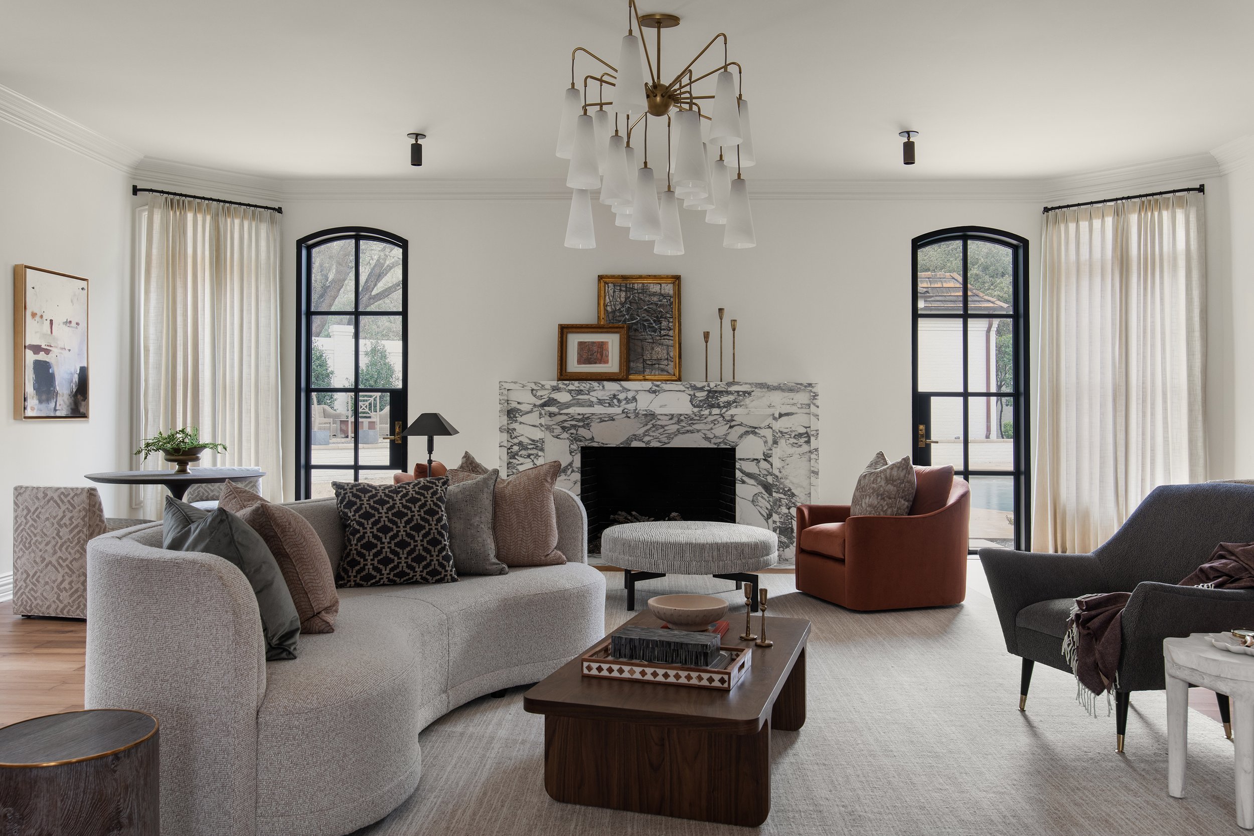 Lake Austin estate living room interior design by The Pankonien Group, residential interior design photography by Avery Nicole Photography. Located Austin TX