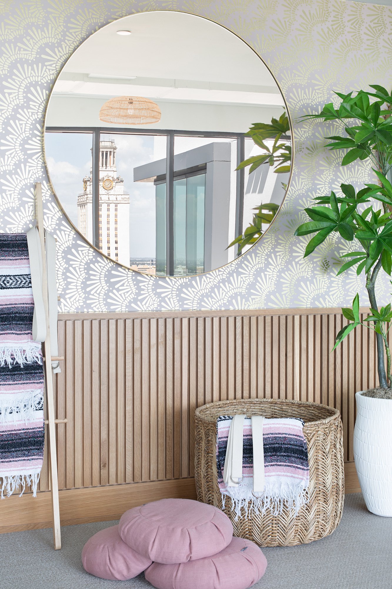 Yoga room vignette from the Moontower Student Housing designed by Chelsea Kloss with LV Collective, University of Texas at Austin, Austin Texas