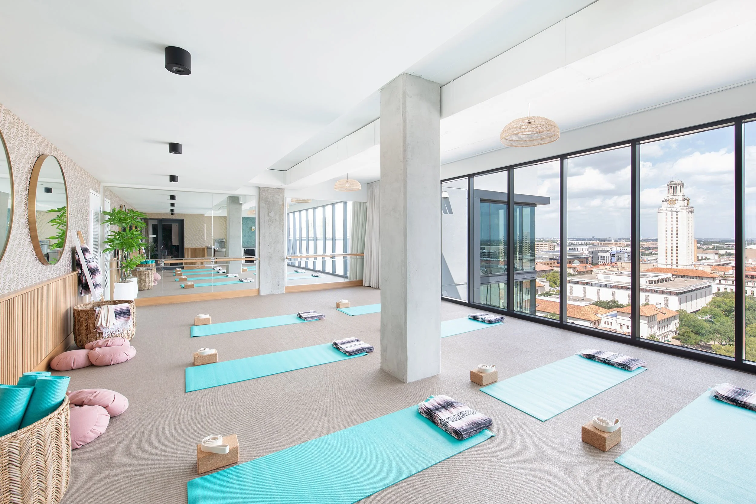 Yoga room from the Moontower Student Housing designed by Chelsea Kloss with LV Collective, University of Texas at Austin, Austin Texas