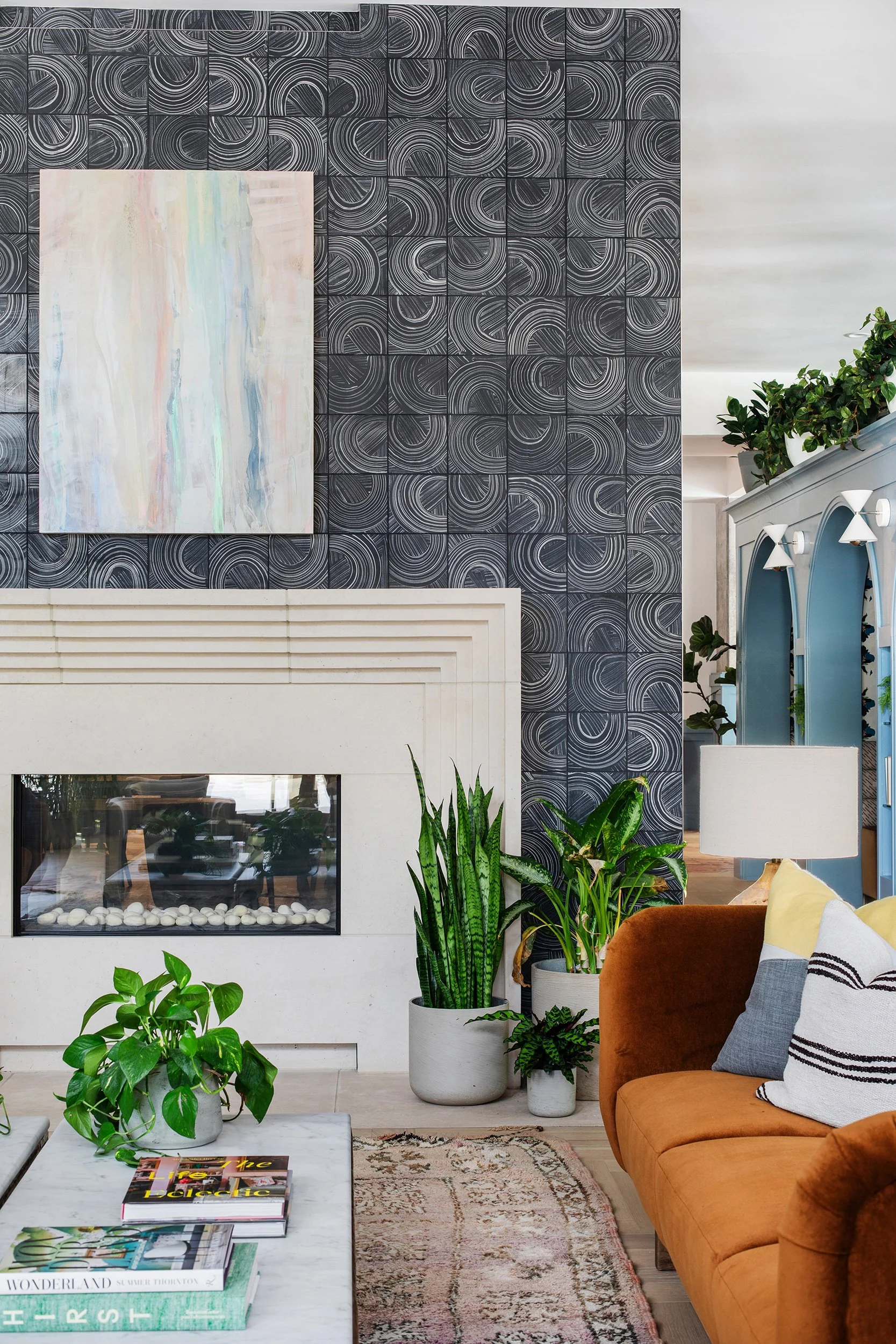 Main seating area vignette from the Waterloo Student Housing designed by Chelsea Kloss with LV Collective, University of Texas at Austin, Austin Texas, photography by Avery Nicole Photography