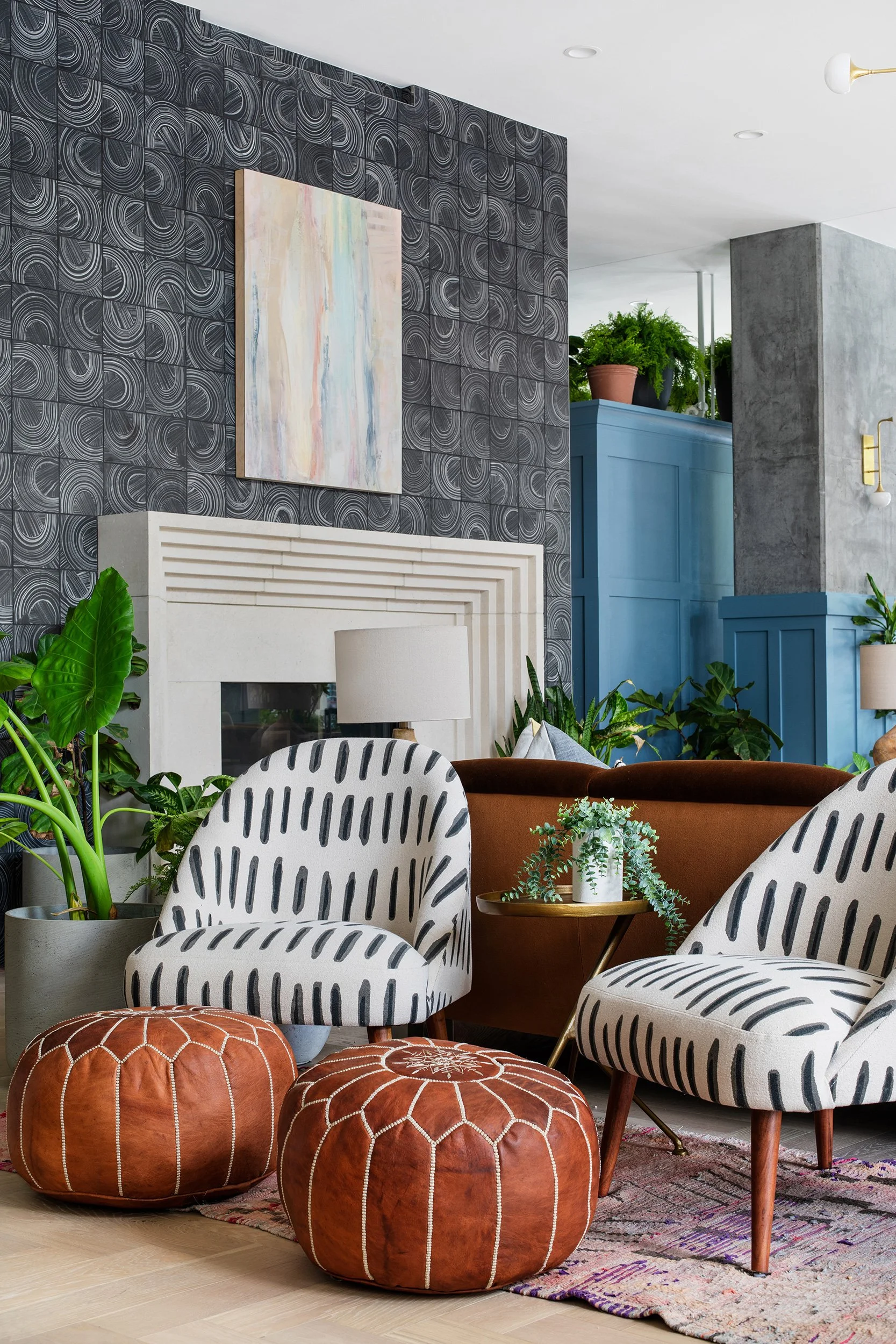 Main seating area vignette from the Waterloo Student Housing designed by Chelsea Kloss with LV Collective, University of Texas at Austin, Austin Texas, photography by Avery Nicole Photography