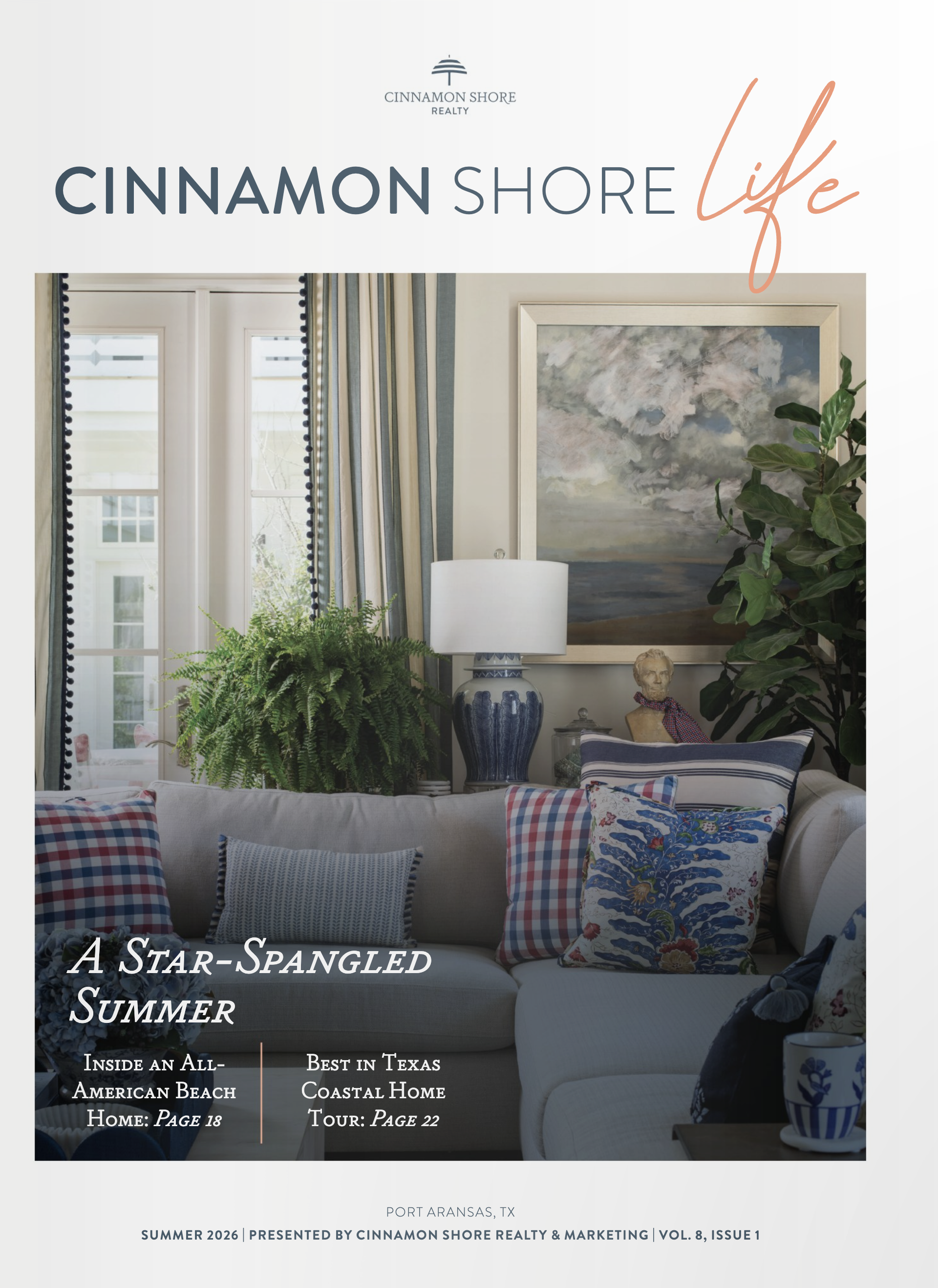 Cinnamon Shore tearsheet, cover feature, Summer 2026, featuring Star Spangled Summer home by Surf Coastal Homes, Port Aransas, Texas, photography by Avery Nicole Photography