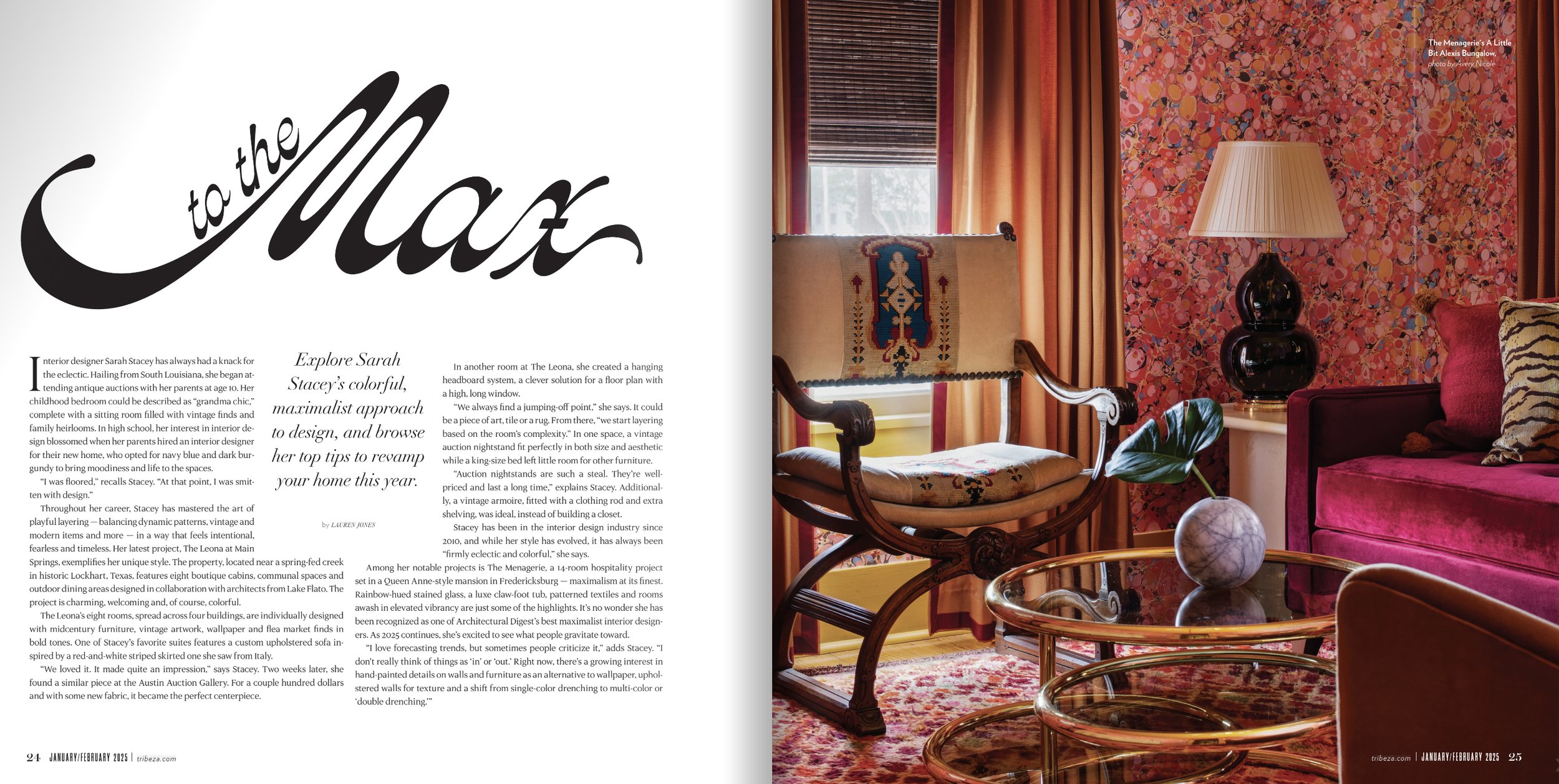 Tribeza Magazine 2025 tearsheet featuring The Menagerie by Sarah Stacey Interior Design, Fredericksburg, Texas, photography by Avery Nicole Photography