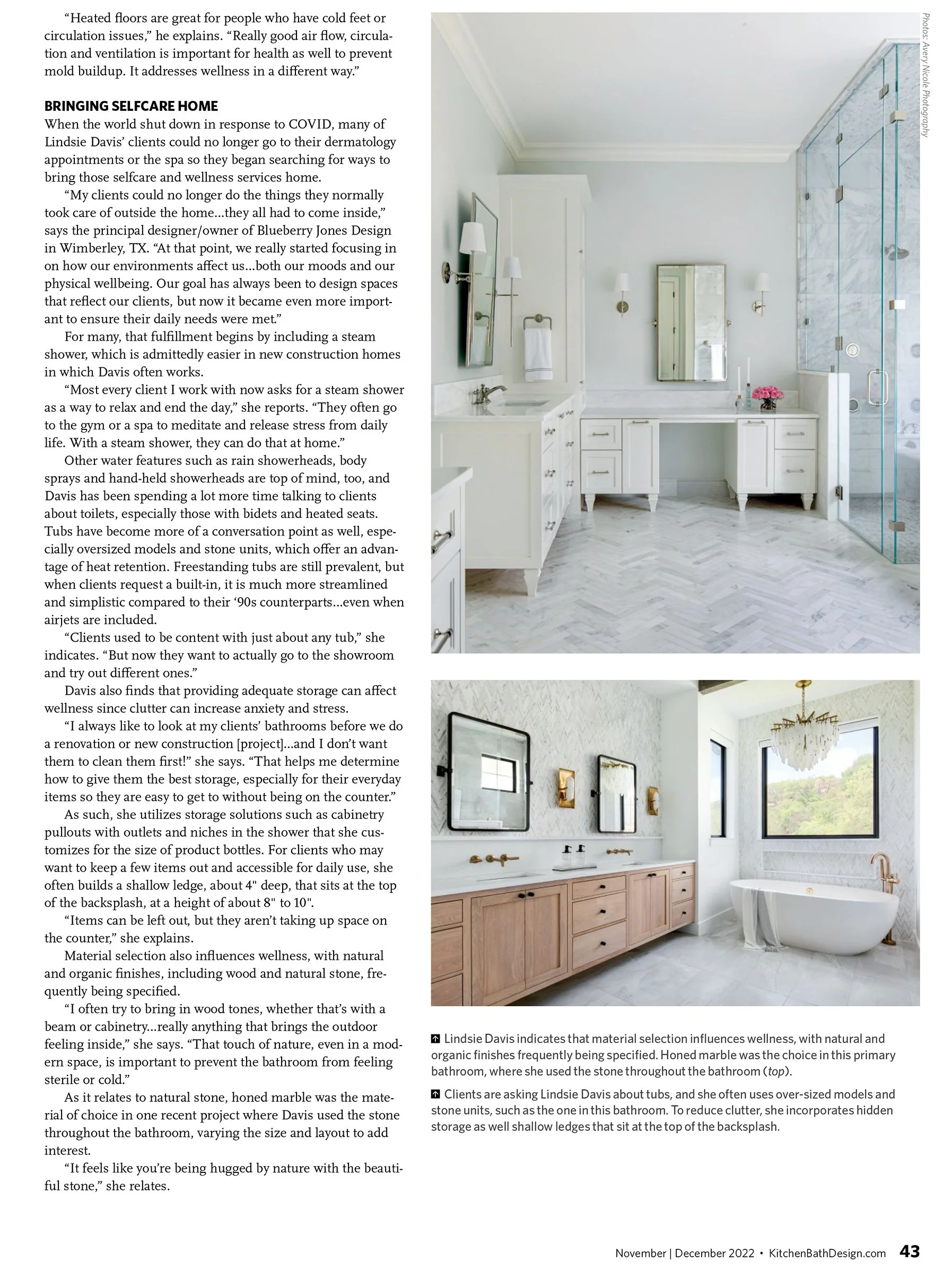 Kitchen Bath & Design Magazine tearsheet featuring Austin, Texas bathroom by Blueberry Jones Design, photography by Avery Nicole Photography