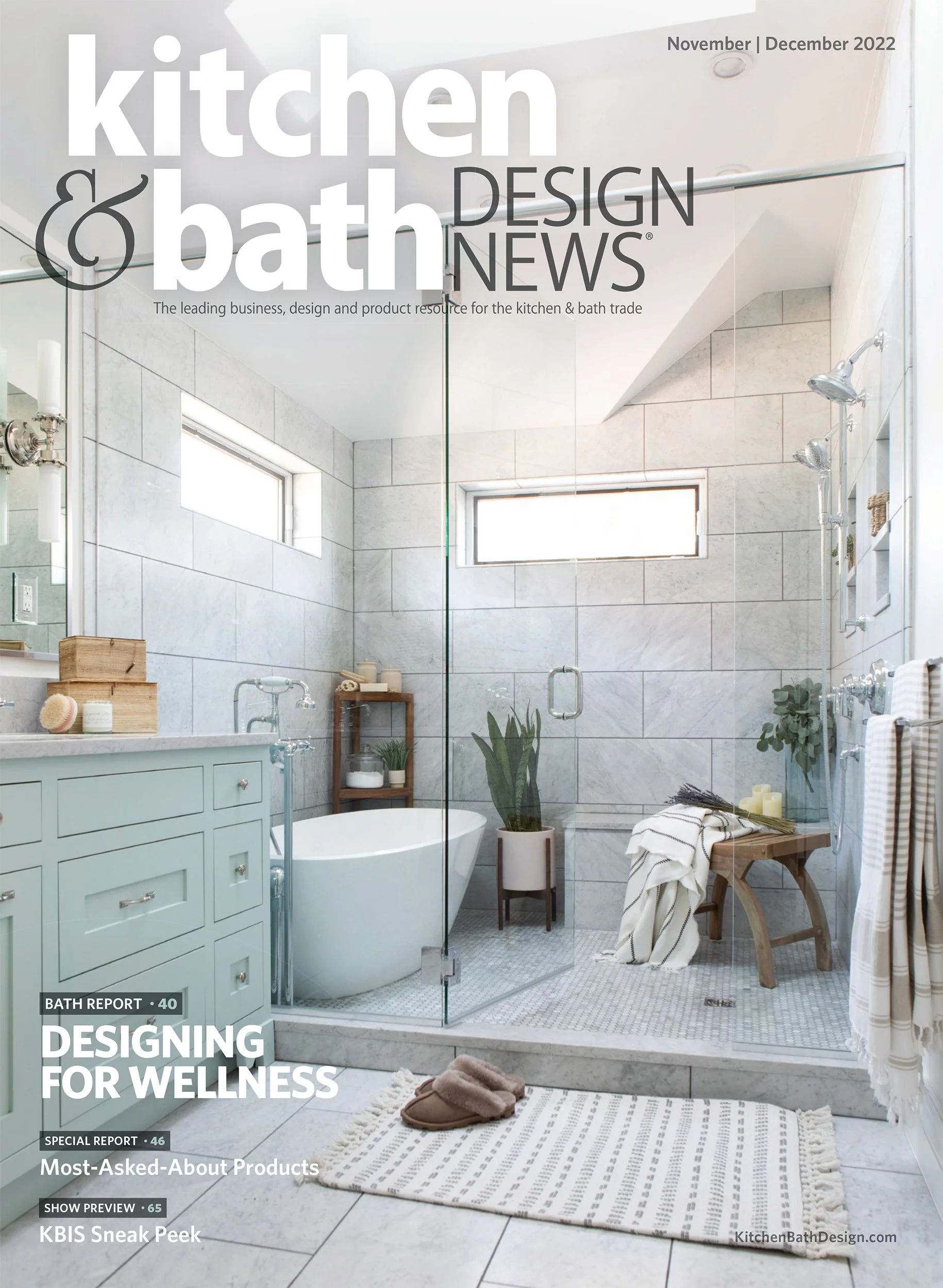 Kitchen Bath & Design Magazine tearsheet featuring Austin, Texas bathroom by Blueberry Jones Design, photography by Avery Nicole Photography