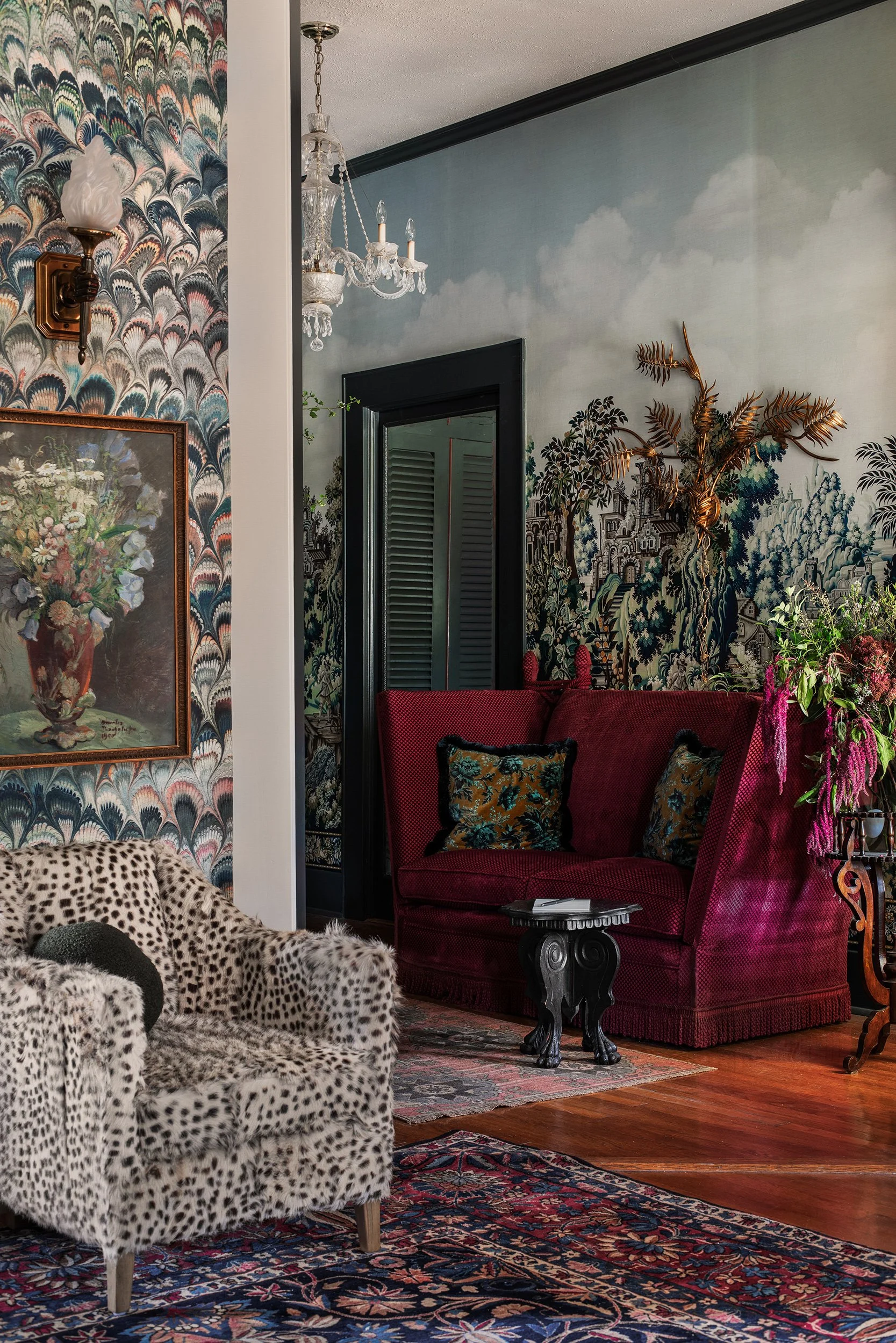 The Menagerie luxury boutique hotel the rapture mansion living room and entry design by Sarah Stacey Interior Design. Photography by Avery Nicole Photography and located in Fredericksburg, Texas