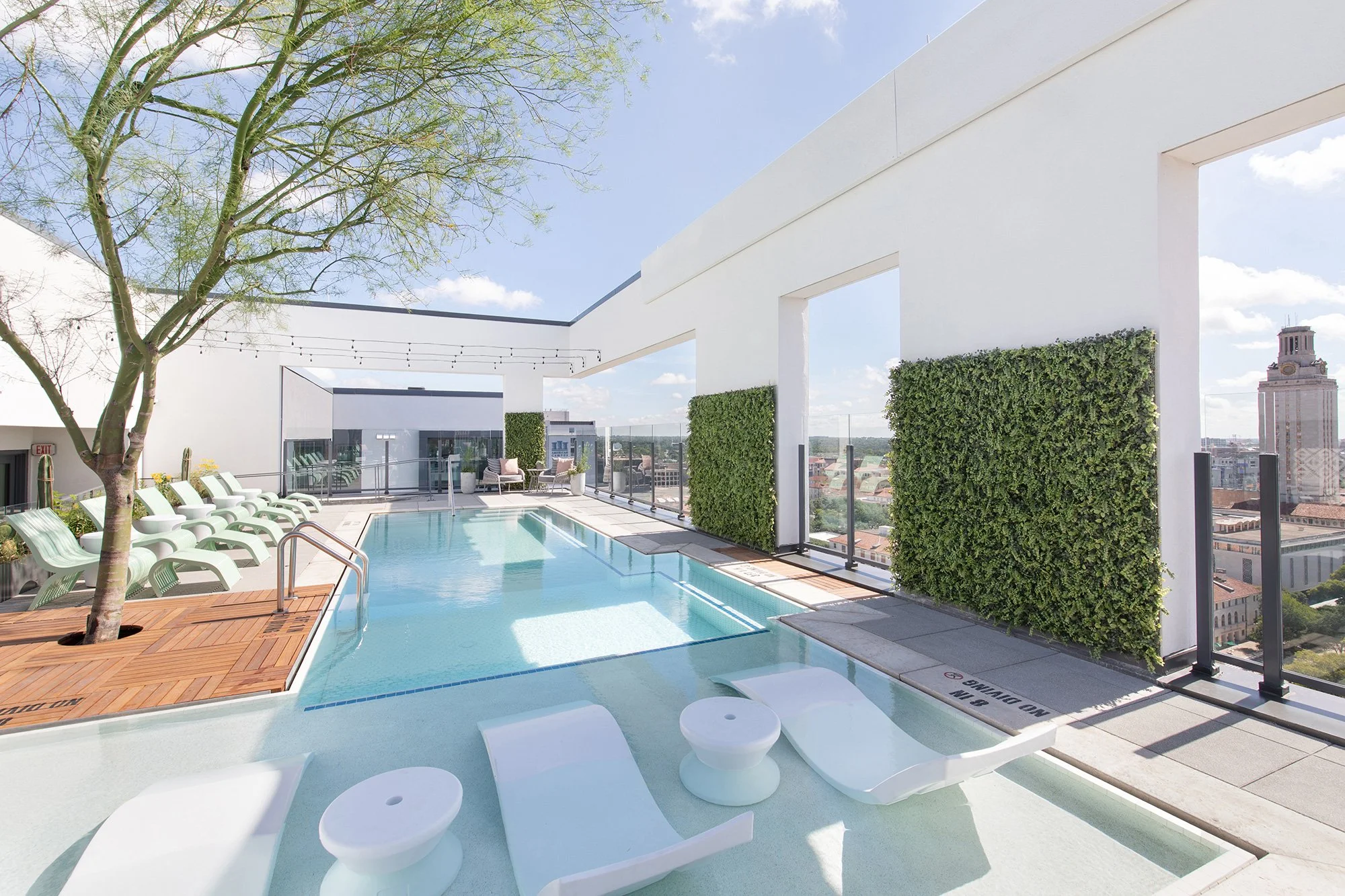 Rooftop pool from the Moontower Student Housing designed by Chelsea Kloss with LV Collective, University of Texas at Austin, Austin Texas