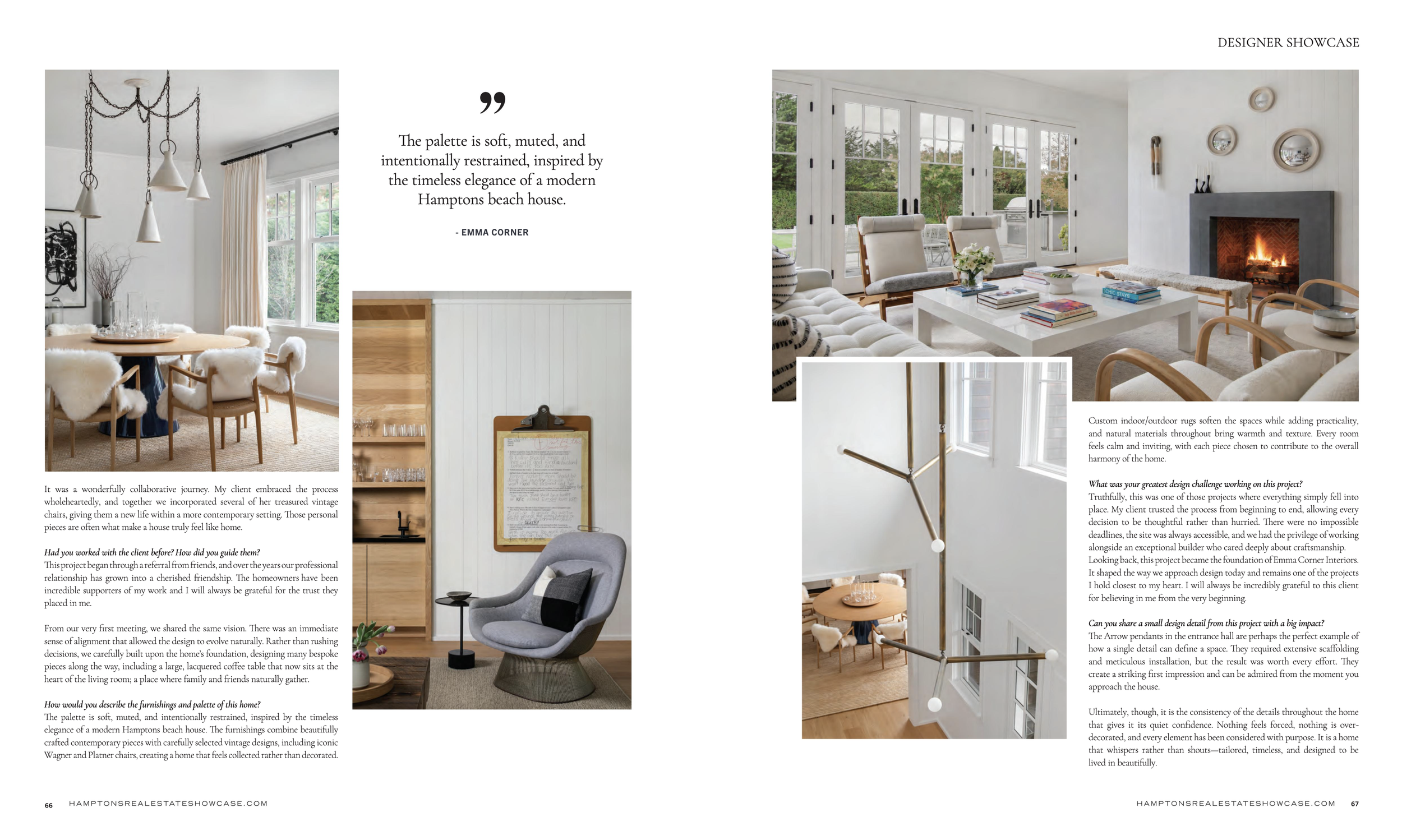 Hamptons Real Estate Showcase Magazine tearsheet, August 2026, featuring a Southampton NY home by Emma Corner Interiors, photography by Avery Nicole Photography