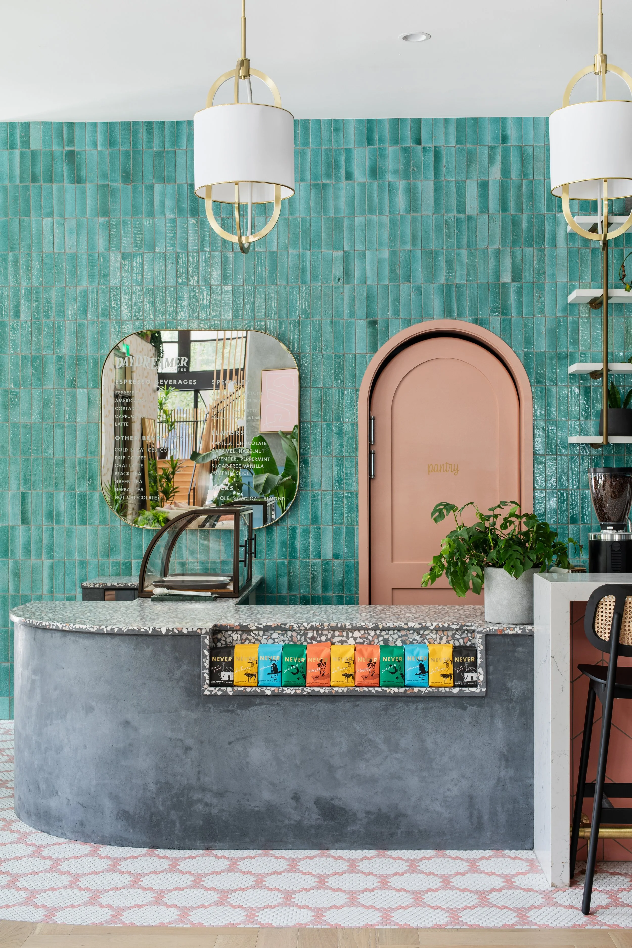 Coffee bar from the Waterloo Student Housing designed by Chelsea Kloss with LV Collective, University of Texas at Austin, Austin Texas, photography by Avery Nicole Photography