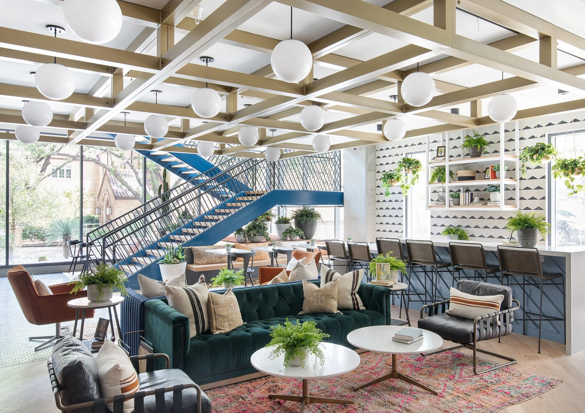 Main seating area from the Moontower Student Housing designed by Chelsea Kloss with LV Collective, University of Texas at Austin, Austin Texas