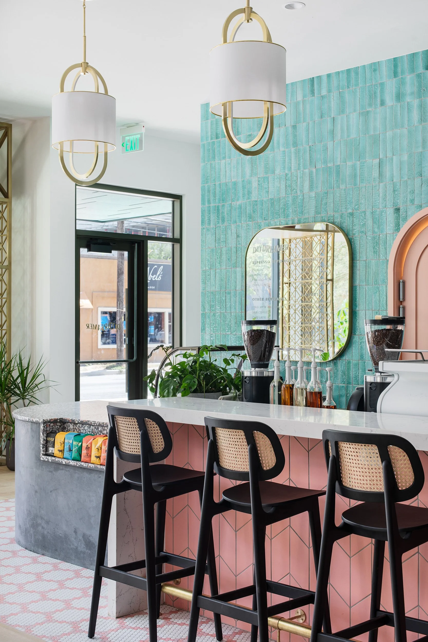 Coffee bar vignette from the Waterloo Student Housing designed by Chelsea Kloss with LV Collective, University of Texas at Austin, Austin Texas, photography by Avery Nicole Photography