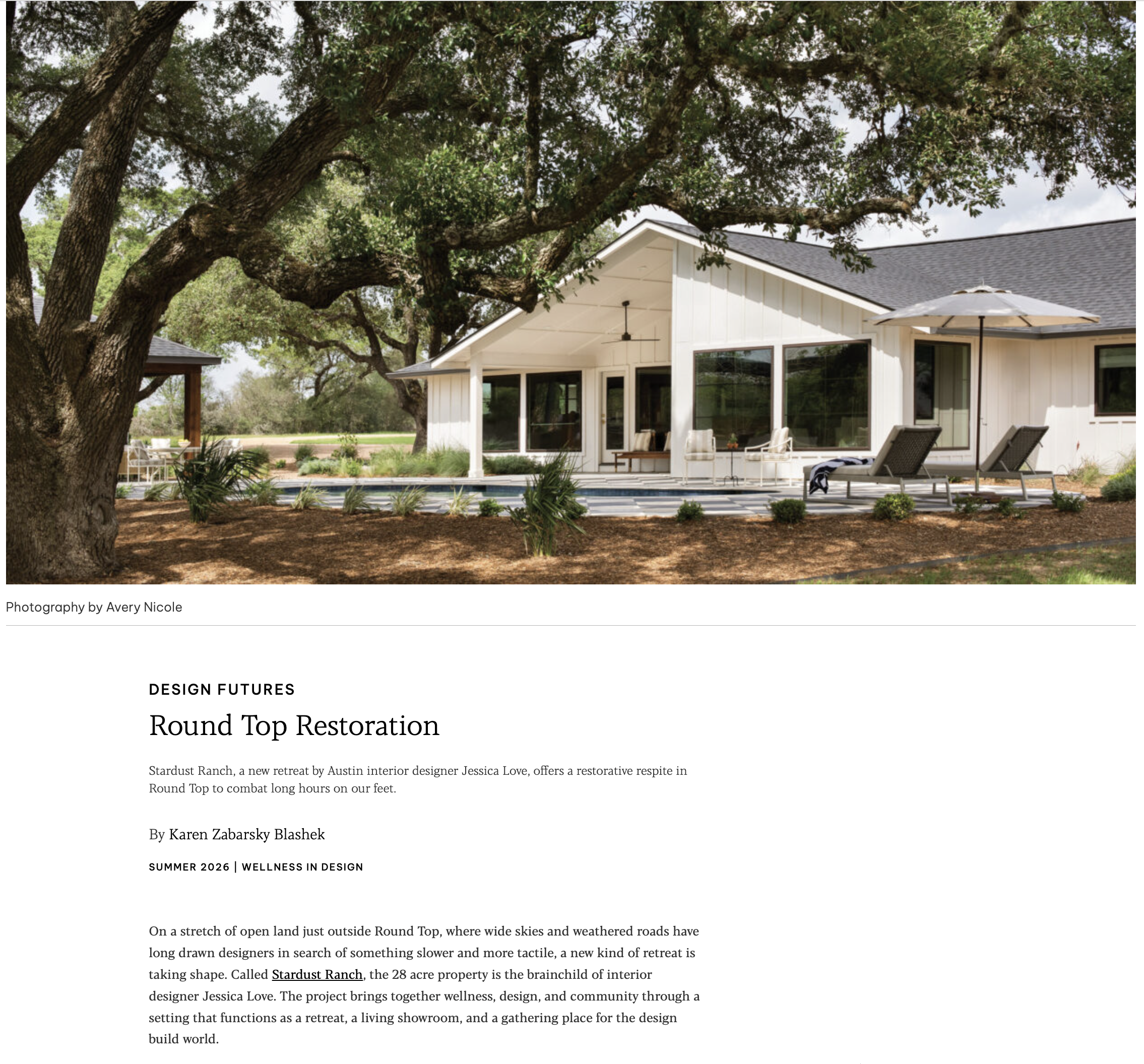 Austin Home Magazine tearsheet, Summer 2026, featuring Round Top chic getaway Stardust Ranch by Urbane Design, photography by Avery Nicole Photography